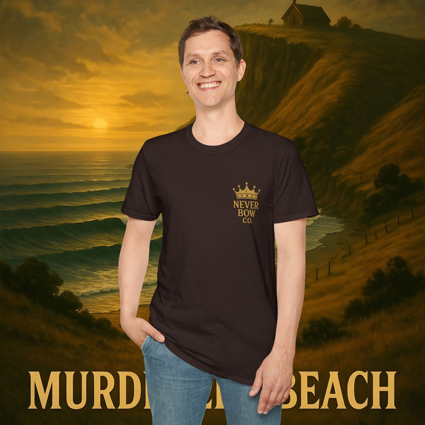 Never Bow Co. “Murderers Beach” Graphic Tee | Lightweight cotton tee honouring Murderers Beach — a symbol of defiance and spirit. Built for rebels and seekers of truth, it carries NZ legend in every thread.