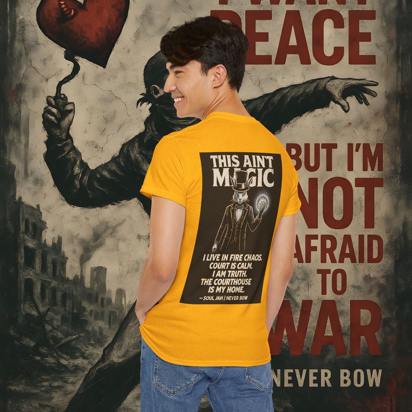 (Heavy Tee) This Ain’t Magic Tee | Chaos is loud. Court is calm. “This Ain’t Magic” lays it bare: truth stands taller than illusions. Heavy cotton built for warriors who carry fire inside but never bow.