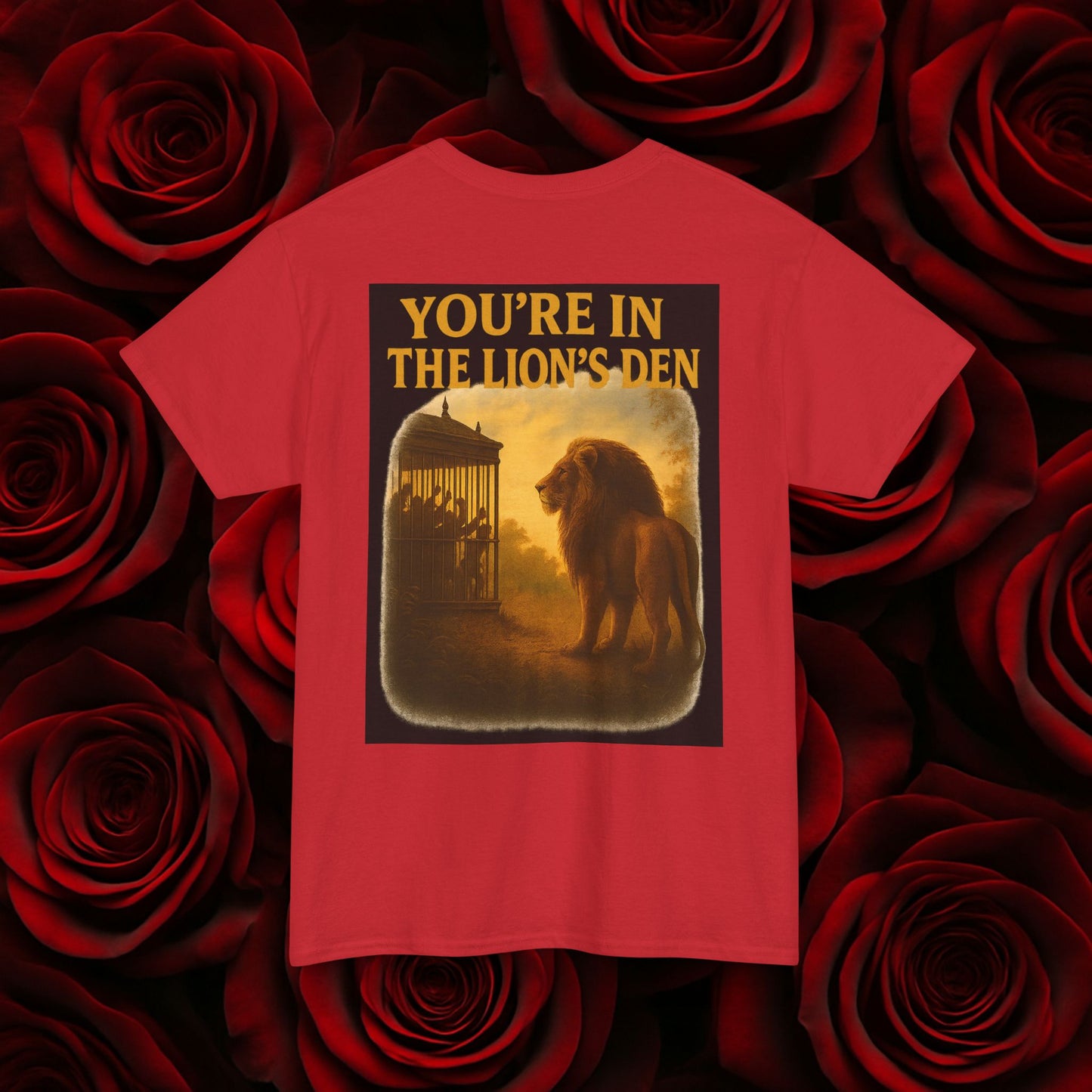 (Heavy Tee) Never Bow Co “You’re in the Lion’s Den” Graphic Streetwear Tee | Step into the Lion’s Den. Fearless statement piece built for warriors who refuse silence. Heavy cotton, bold graphic, courtroom grit. Wear strength, fight truth, and Never Bow.