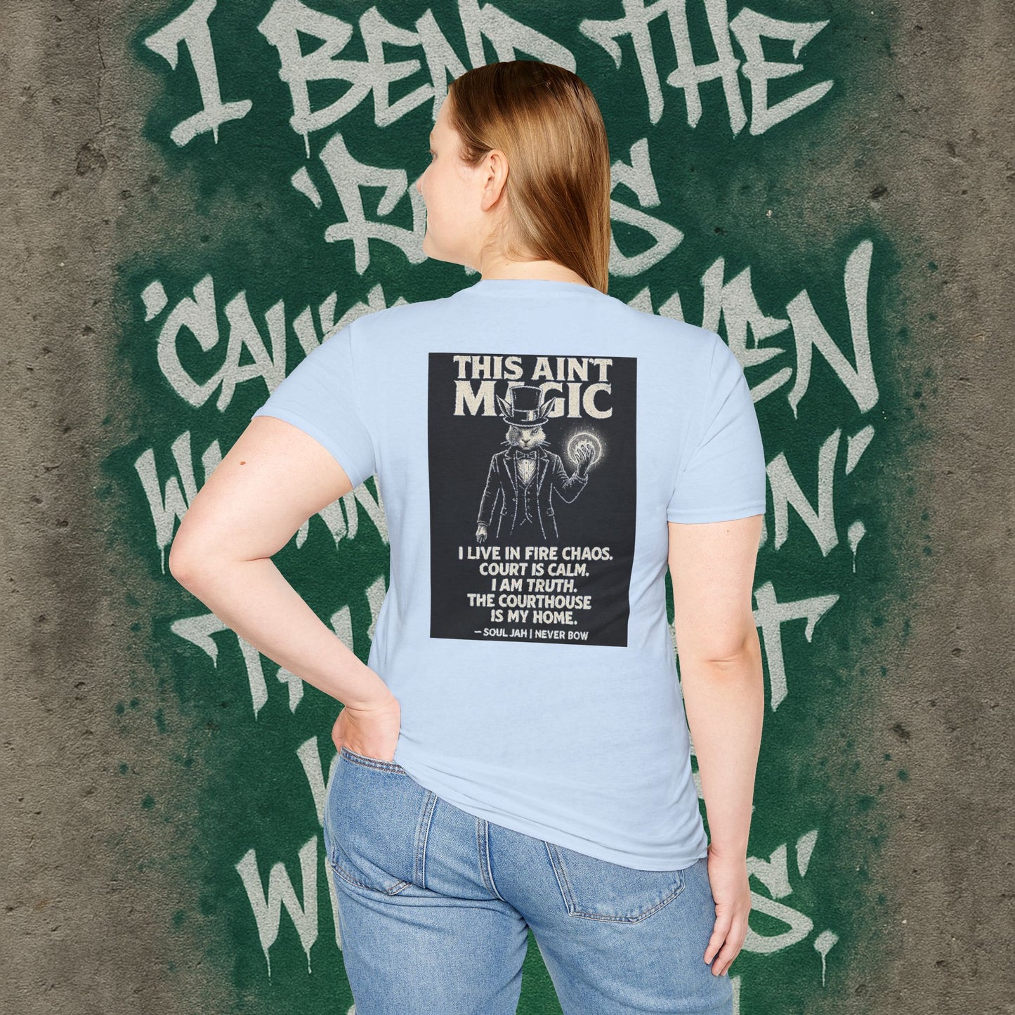 This Ain’t Magic Tee | Never Bow Co | Stand fearless in chaos. “This Ain’t Magic” is more than fabric — it’s truth in motion. Heavy cotton built for courtroom warriors, rebels, and believers who carry calm inside fire.