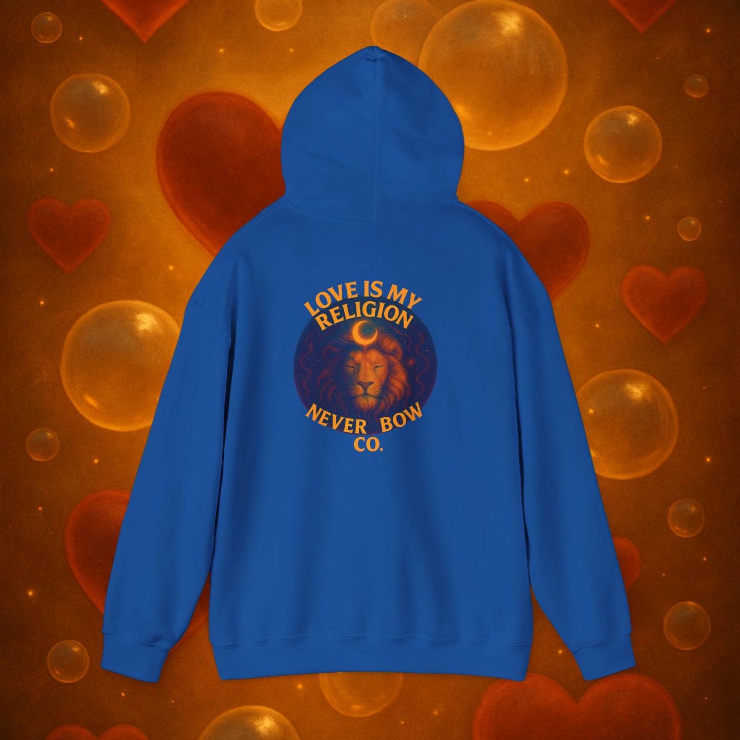 Never Bow Co. “Love Is My Religion” Lion Hoodie | A pullover for fearless souls. The crowned lion blazes with defiance: Love Is My Religion. Heavyweight comfort, cosmic strength, and unshakable streetwear for rebels who refuse to bow.