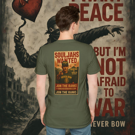 Never Bow Co. “SoulJahs Wanted” Tee | SoulJahs, Divine Souls — this is your calling. Armour for rebels who refuse chains. Vintage war-poster design, lion crest strength, built to outlast empires. Join the ranks. Never Bow.