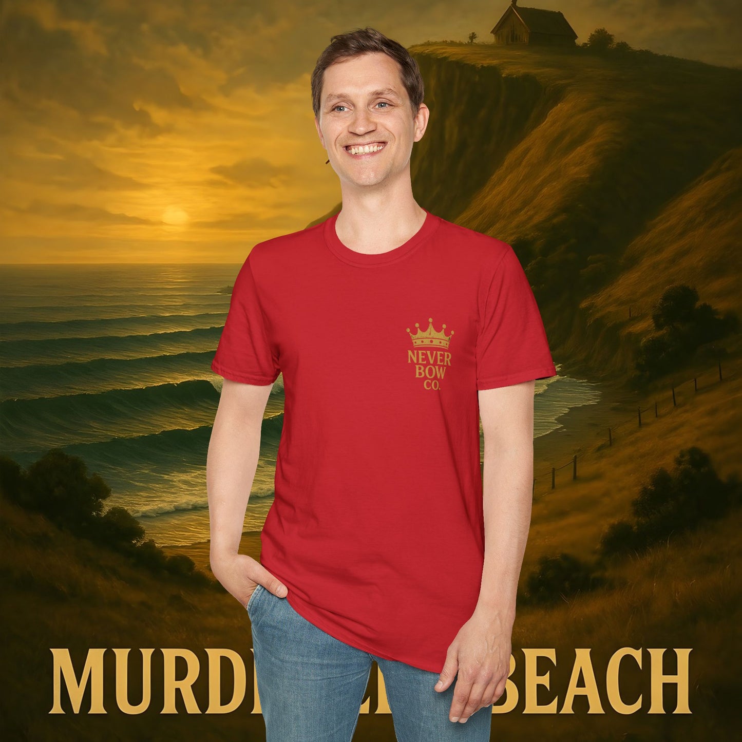 Never Bow Co. “Murderers Beach” Graphic Tee | Lightweight cotton tee honouring Murderers Beach — a symbol of defiance and spirit. Built for rebels and seekers of truth, it carries NZ legend in every thread.