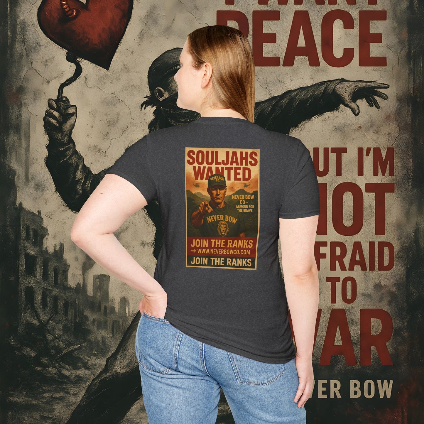 Never Bow Co. “SoulJahs Wanted” Tee | SoulJahs, Divine Souls — this is your calling. Armour for rebels who refuse chains. Vintage war-poster design, lion crest strength, built to outlast empires. Join the ranks. Never Bow.