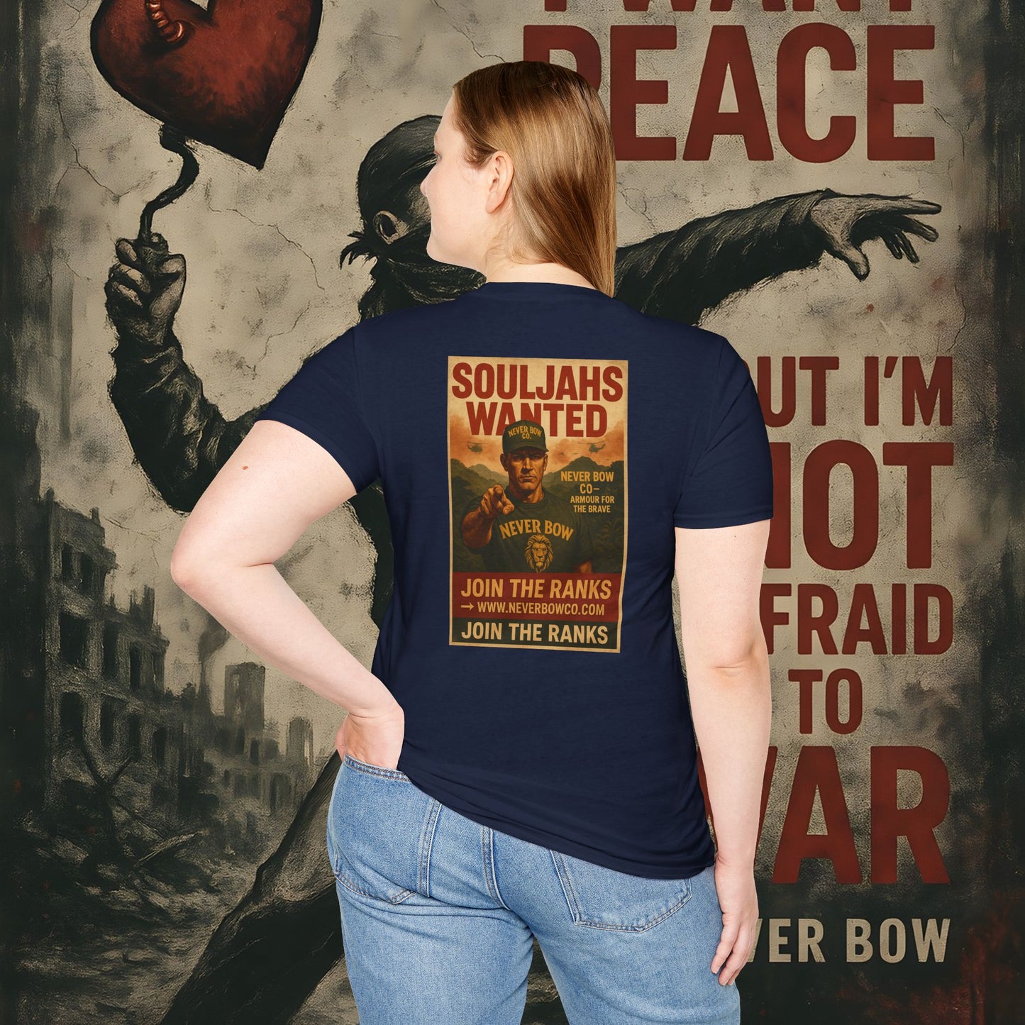 Never Bow Co. “SoulJahs Wanted” Tee | SoulJahs, Divine Souls — this is your calling. Armour for rebels who refuse chains. Vintage war-poster design, lion crest strength, built to outlast empires. Join the ranks. Never Bow.
