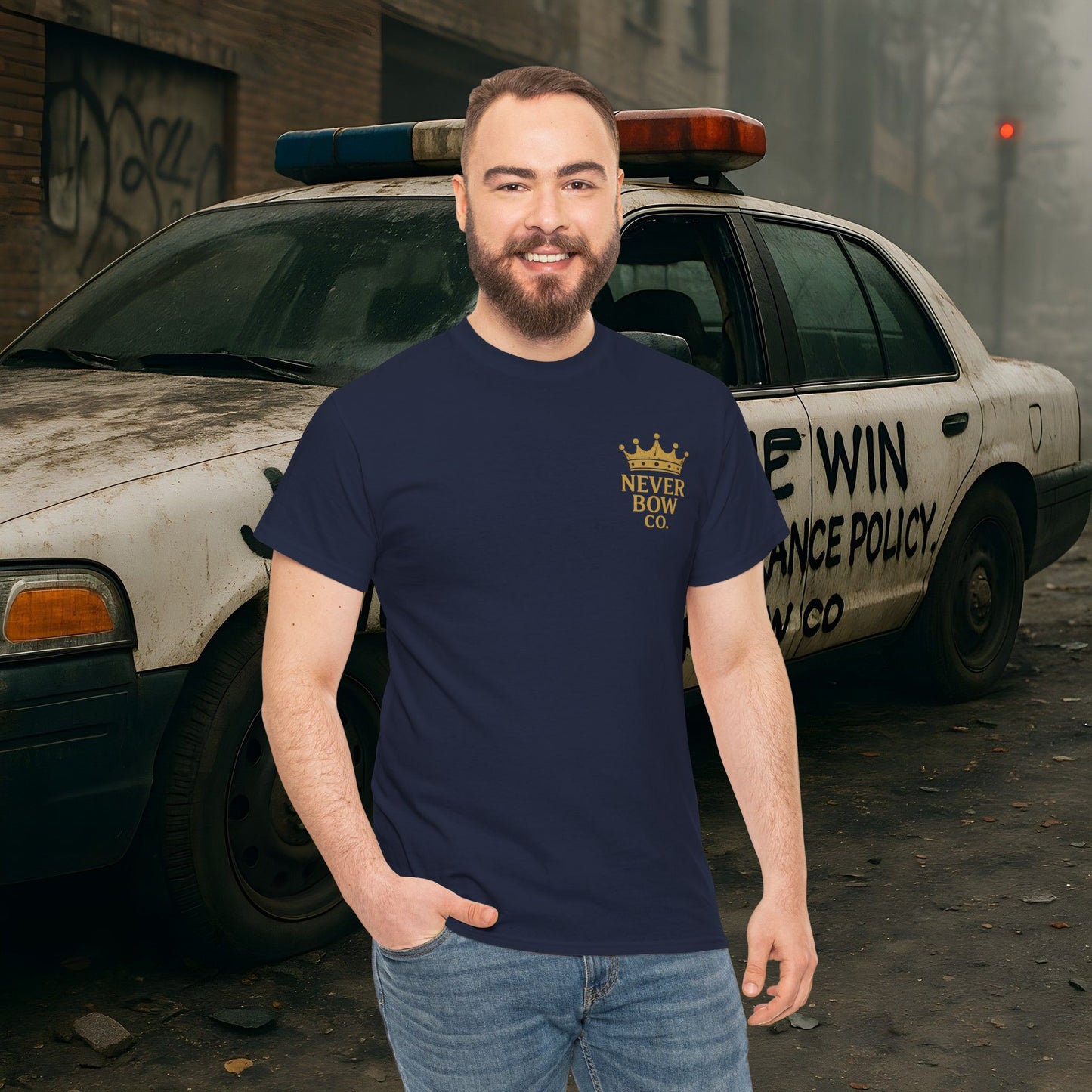 (Heavy Tee) Never Bow Co “Justice Will Be Heard” | Justice has a voice, and it roars from your back. Heavy cotton, bold print — a rebel’s declaration that truth echoes louder than lies. Wear it. Make them listen.