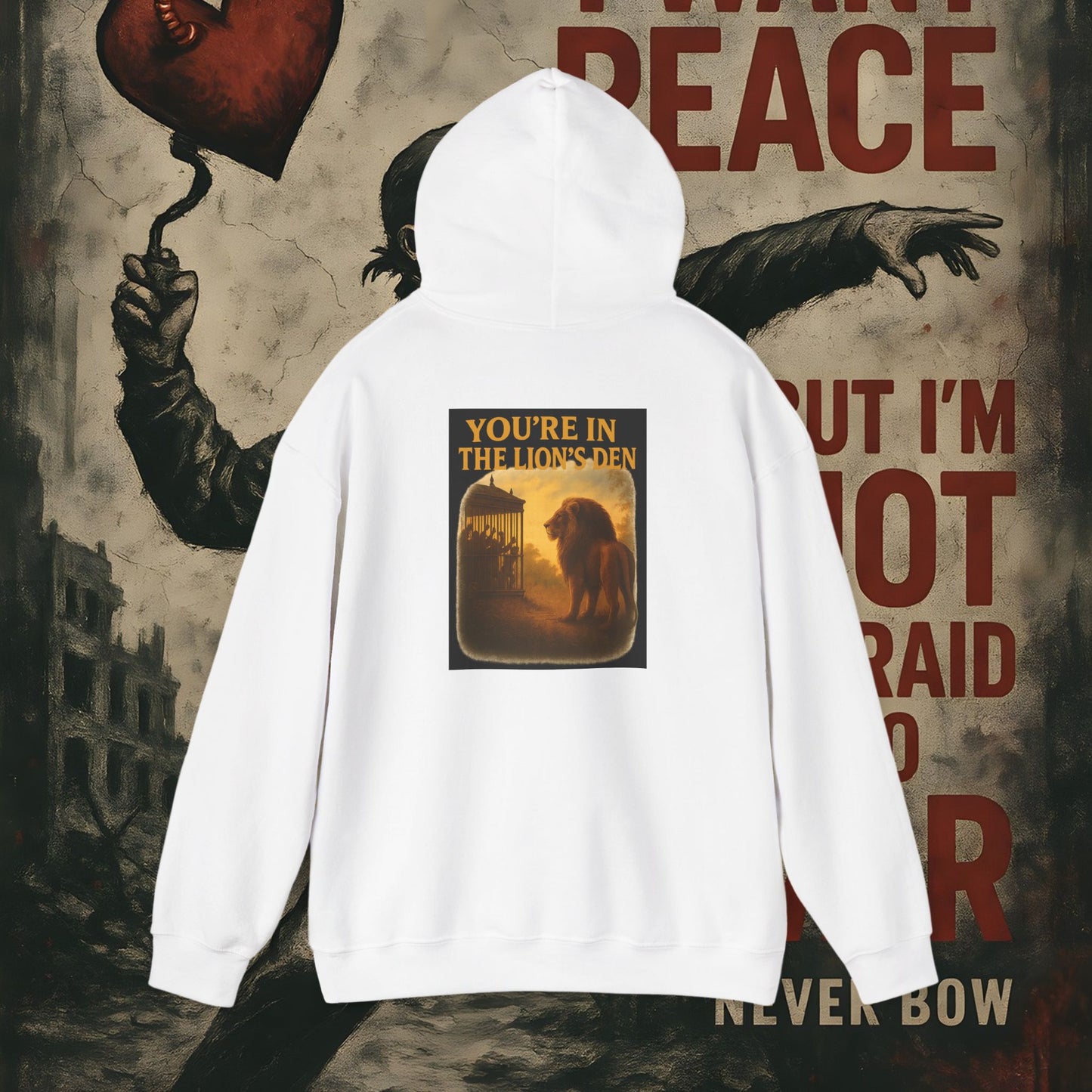 Never Bow Co “You’re in the Lion’s Den” Hoodie | Step into the Lion’s Den — where truth hunts lies. This hoodie isn’t fashion, it’s armour for rebels, warriors, and seekers who fight with courage, fire, and defiance.