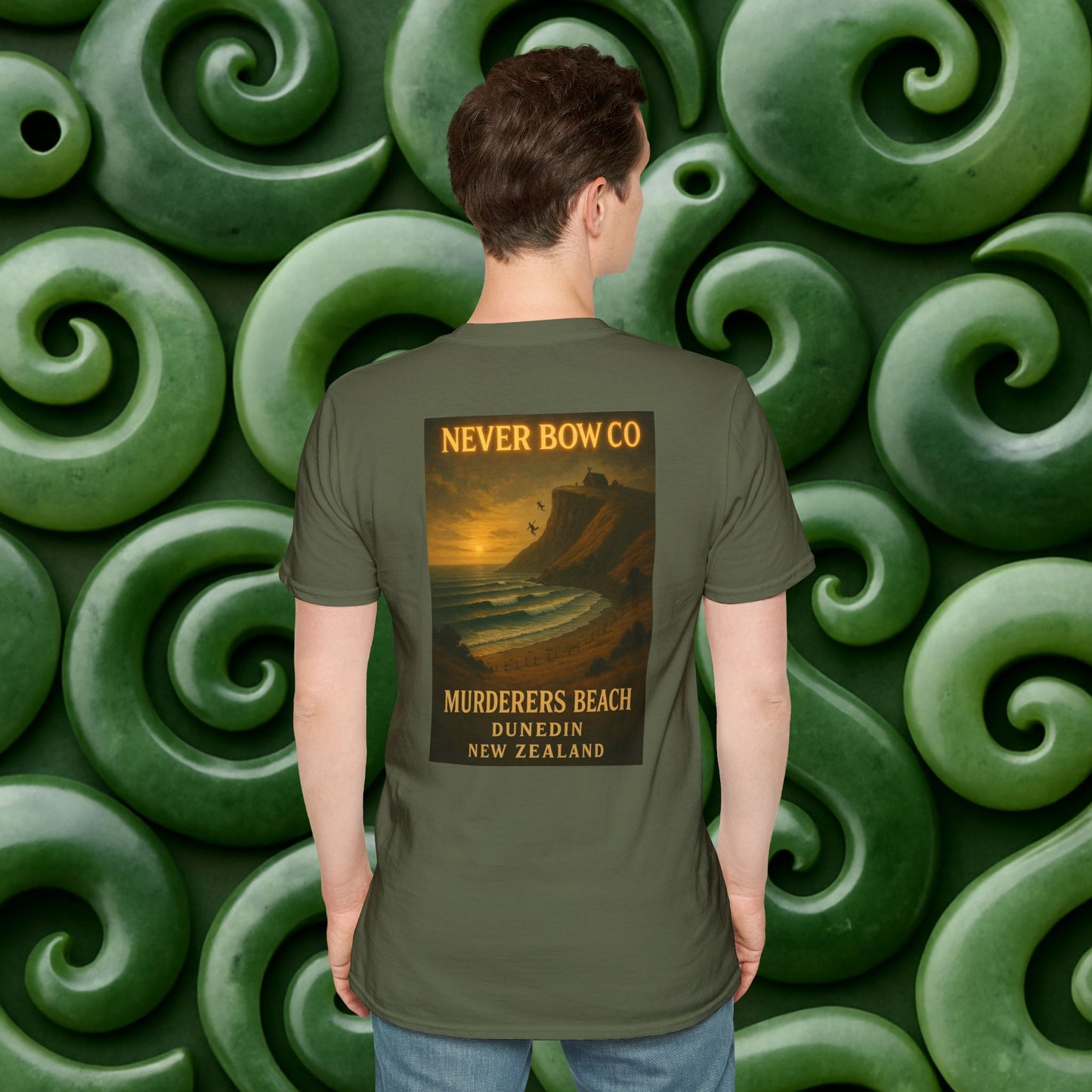 Never Bow Co. “Murderers Beach” Graphic Tee | Lightweight cotton tee honouring Murderers Beach — a symbol of defiance and spirit. Built for rebels and seekers of truth, it carries NZ legend in every thread.
