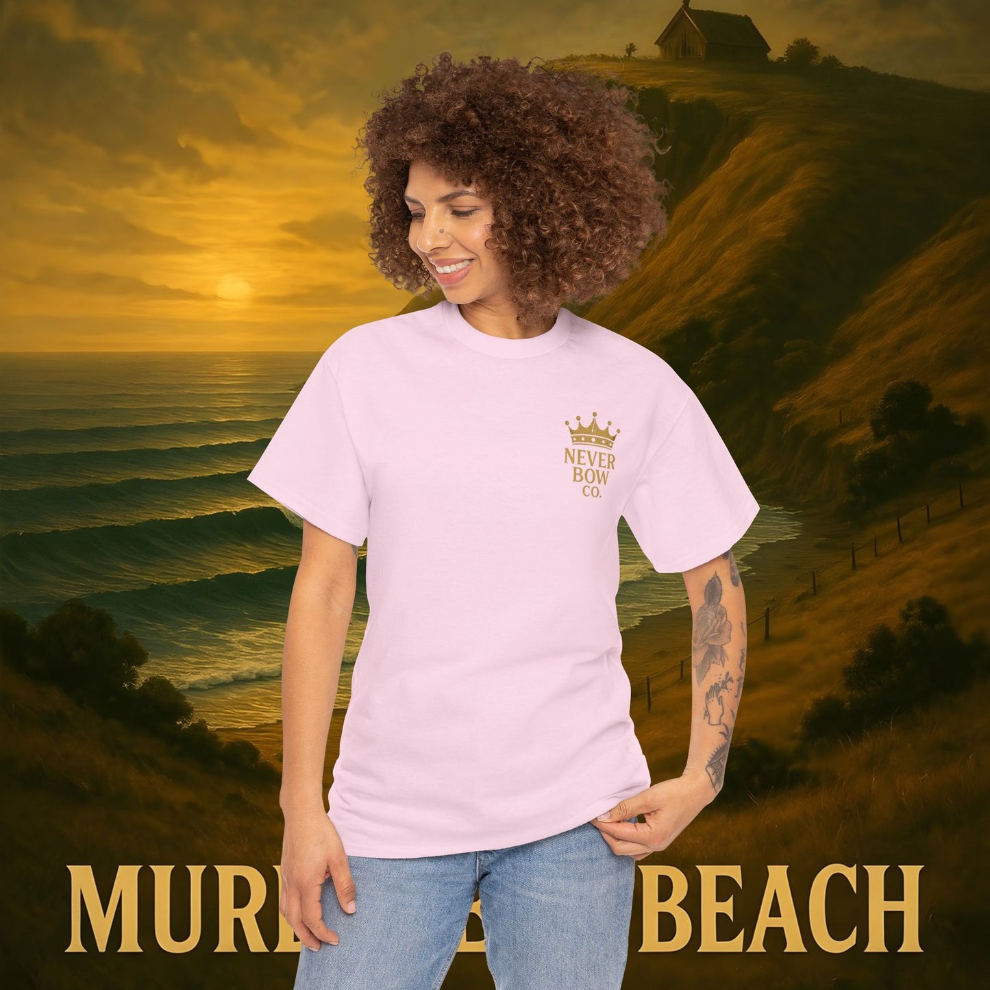 (Heavy Tee) Never Bow Co. “Murderers Beach” | Tribute to New Zealand’s Murderers Beach — a place of history, spirit, and defiance. Heavy cotton tee built for rebels, truth seekers, and ocean warriors. Wear the legend. Never Bow.