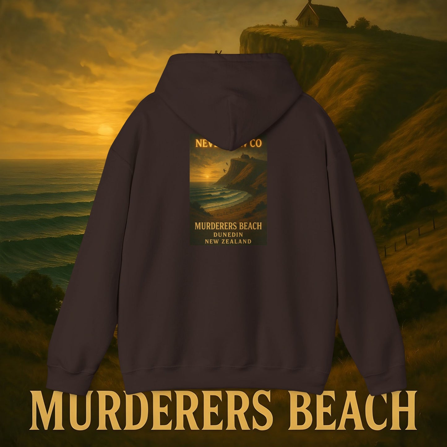 Never Bow Co. “Murderers Beach” | A tribute to Murderers Beach, where spirit outlives time. Heavy hoodie crafted for rebels, adventurers, and truth seekers. Cozy strength, bold art, and ocean legend woven into every stitch. Never Bow.