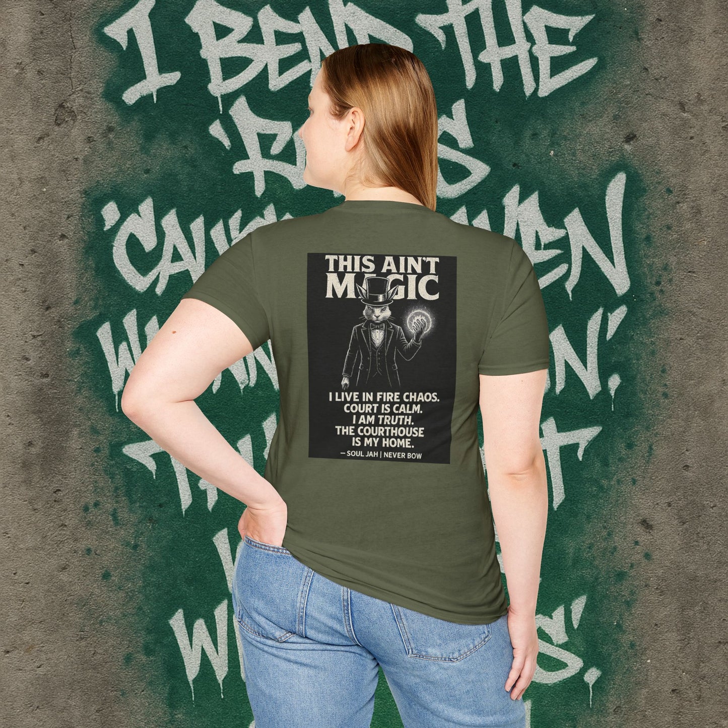 This Ain’t Magic Tee | Never Bow Co | Stand fearless in chaos. “This Ain’t Magic” is more than fabric — it’s truth in motion. Heavy cotton built for courtroom warriors, rebels, and believers who carry calm inside fire.