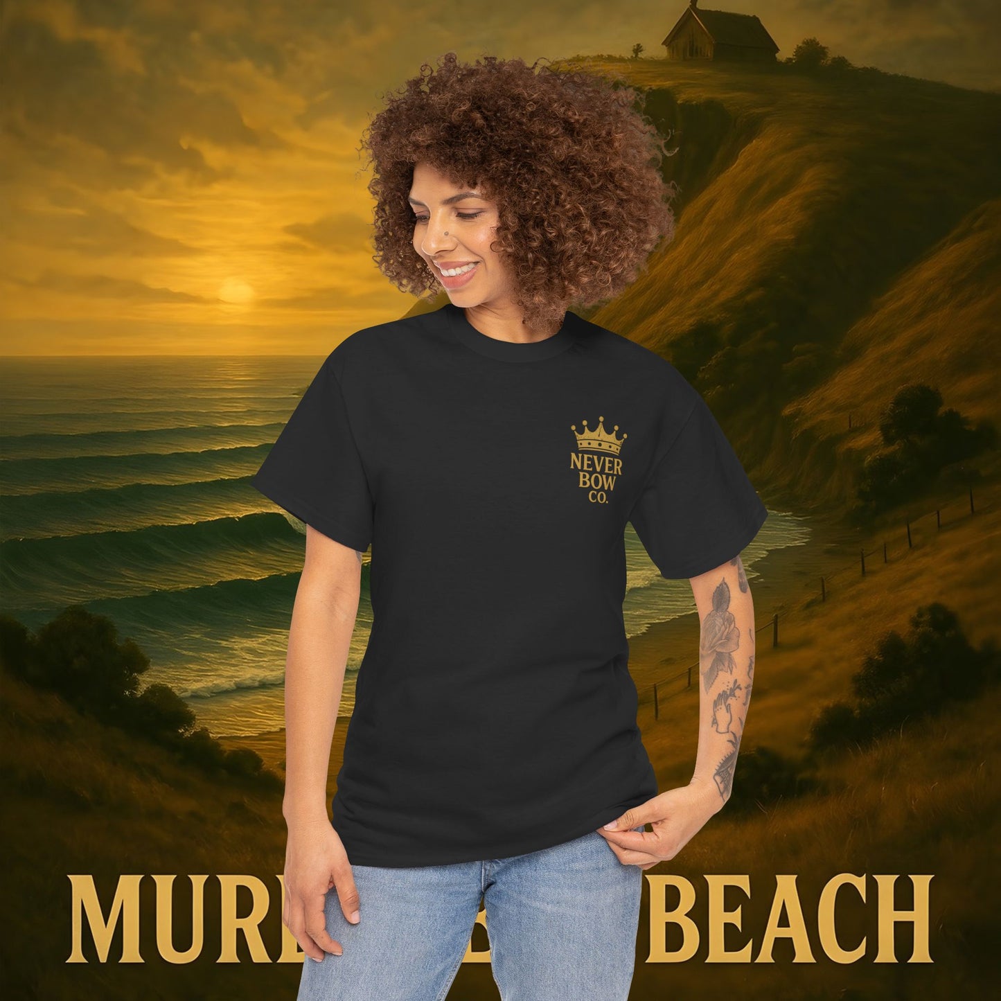 (Heavy Tee) Never Bow Co. “Murderers Beach” | Tribute to New Zealand’s Murderers Beach — a place of history, spirit, and defiance. Heavy cotton tee built for rebels, truth seekers, and ocean warriors. Wear the legend. Never Bow.
