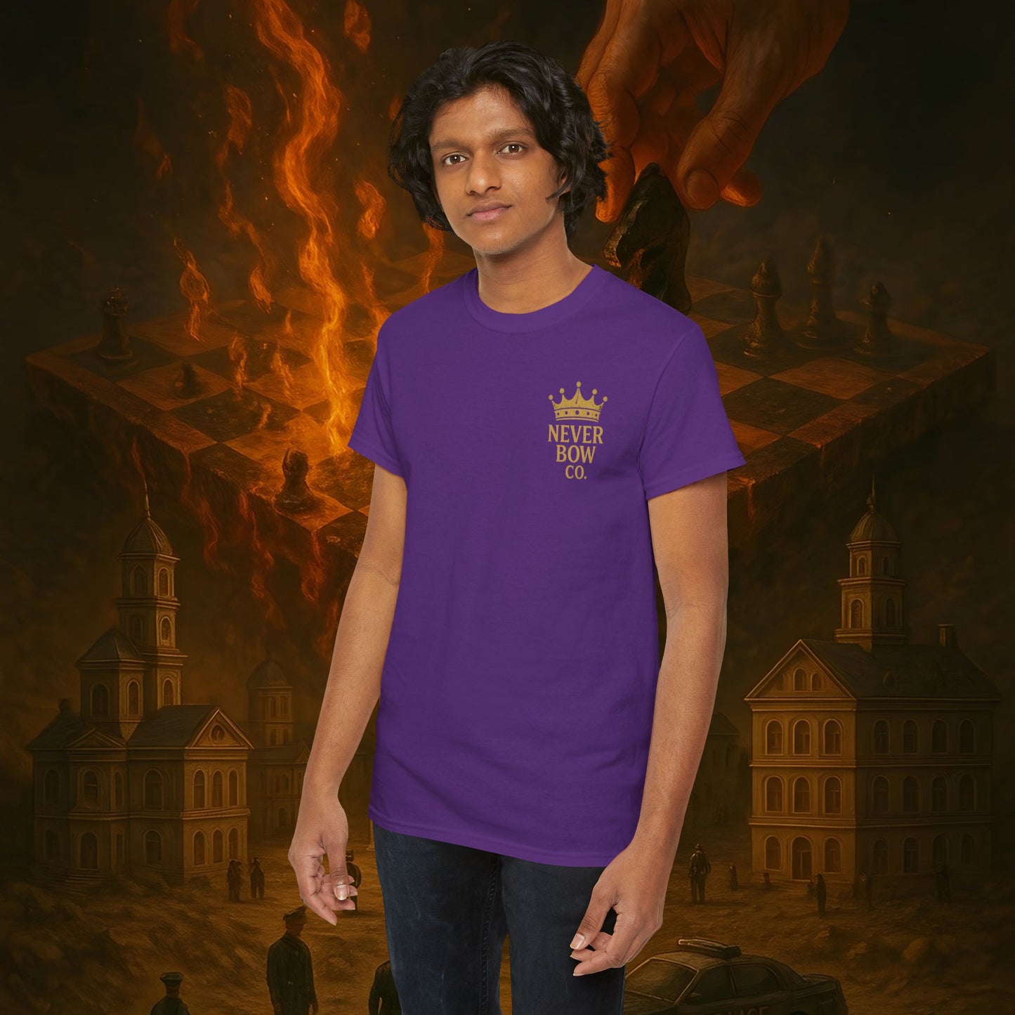 (Heavy Tee) Never Bow Co. Chess Series Tee – “The Game Is Over” | Statement tee featuring the iconic chessboard design — a symbol of battles fought and finished. Built for warriors who refuse to bow, it declares checkmate to the system with style.