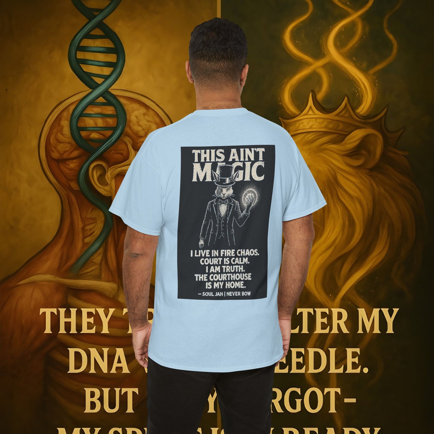 (Heavy Tee) This Ain’t Magic Tee | Chaos is loud. Court is calm. “This Ain’t Magic” lays it bare: truth stands taller than illusions. Heavy cotton built for warriors who carry fire inside but never bow.