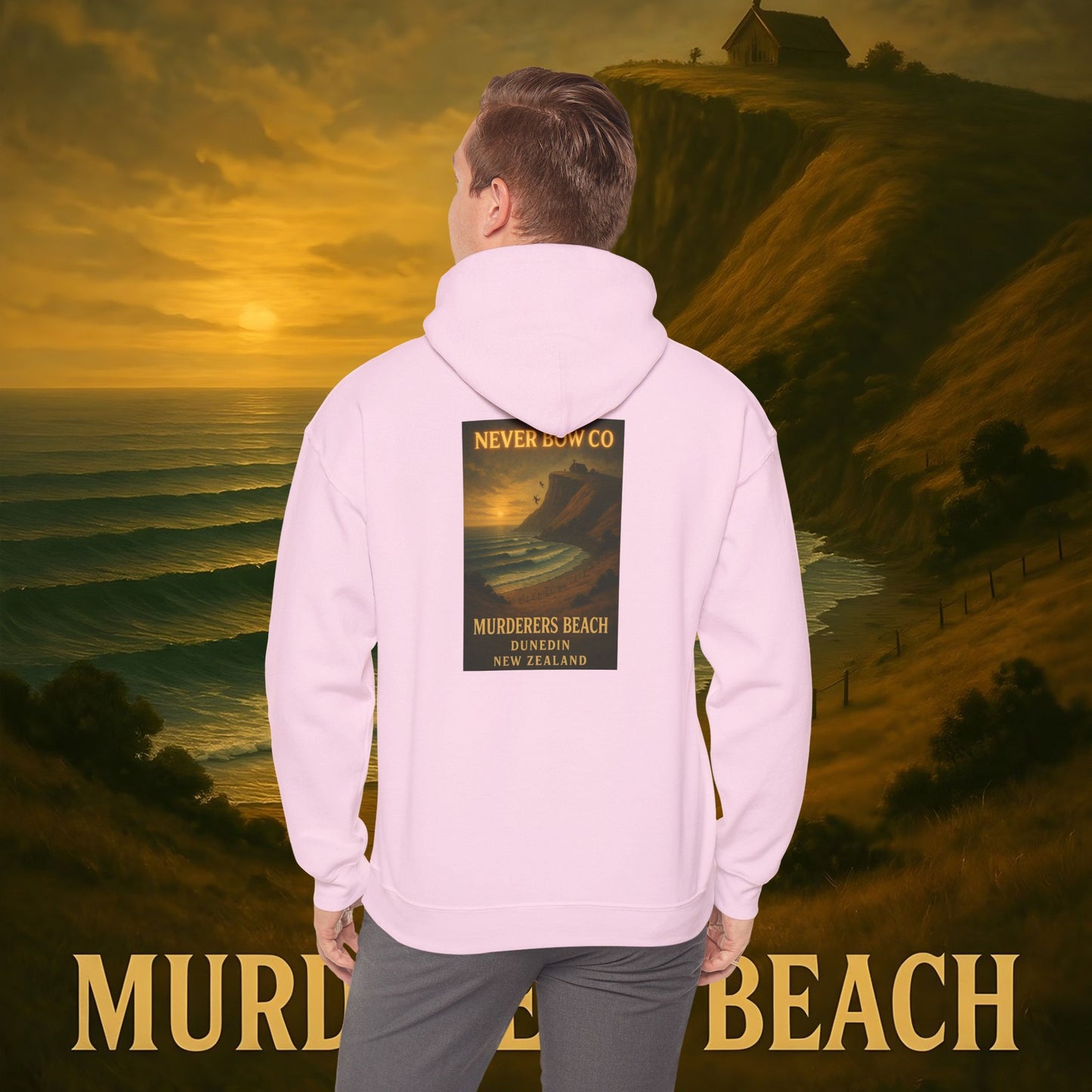 Never Bow Co. “Murderers Beach” | A tribute to Murderers Beach, where spirit outlives time. Heavy hoodie crafted for rebels, adventurers, and truth seekers. Cozy strength, bold art, and ocean legend woven into every stitch. Never Bow.