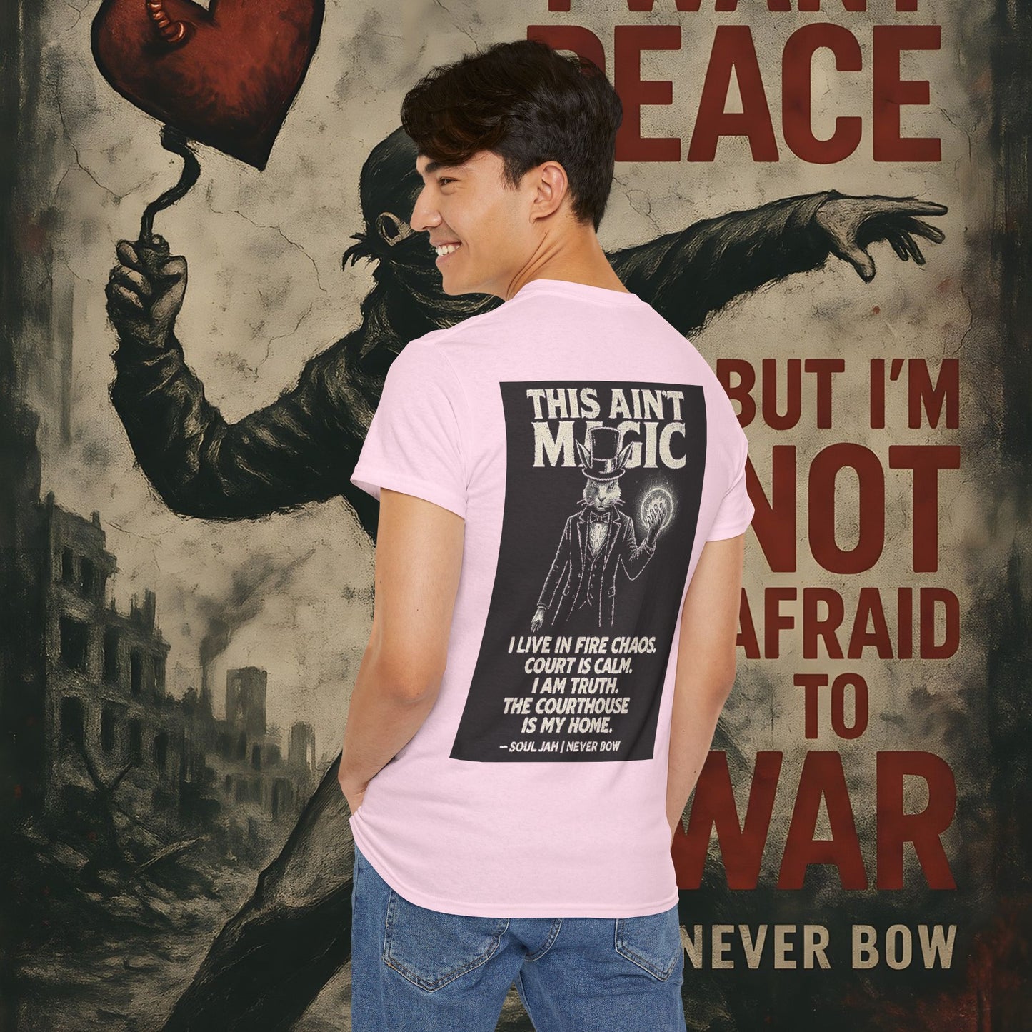 (Heavy Tee) This Ain’t Magic Tee | Chaos is loud. Court is calm. “This Ain’t Magic” lays it bare: truth stands taller than illusions. Heavy cotton built for warriors who carry fire inside but never bow.