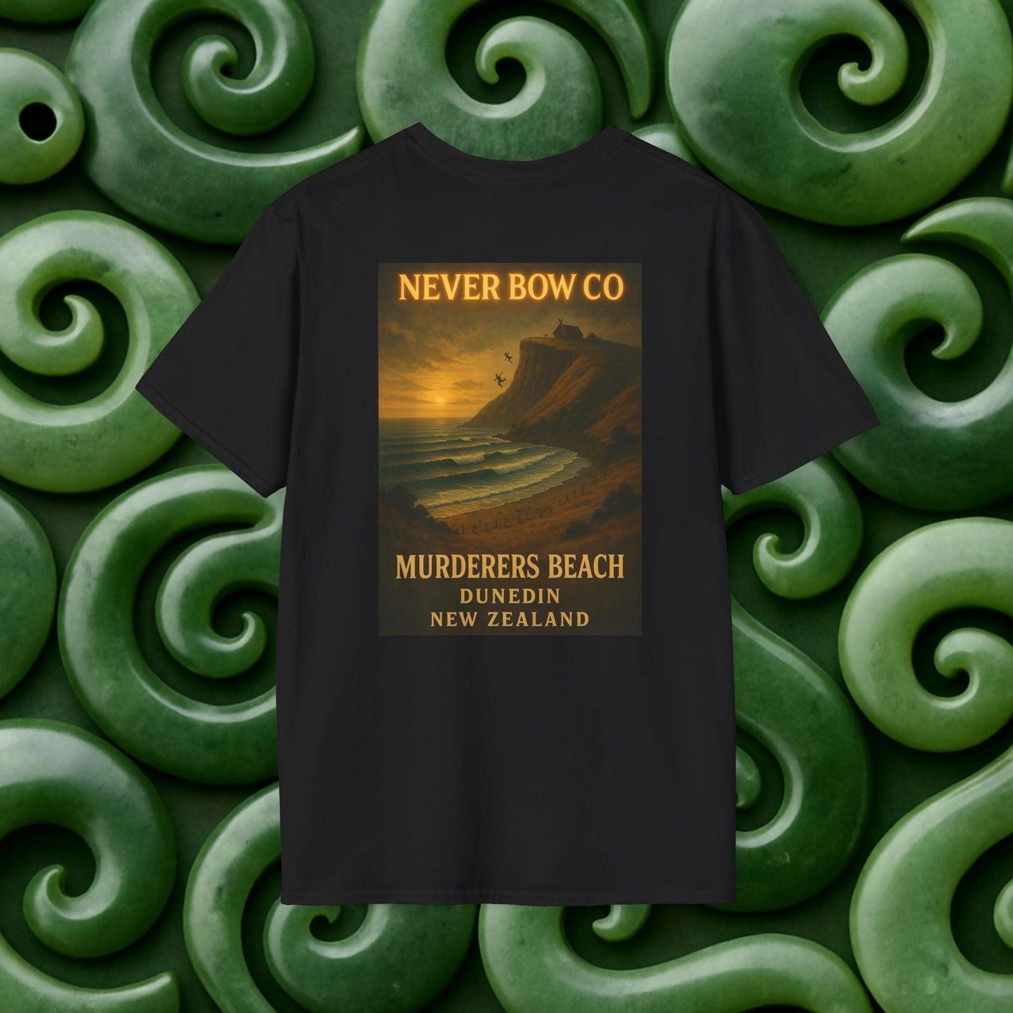 Never Bow Co. “Murderers Beach” Graphic Tee | Lightweight cotton tee honouring Murderers Beach — a symbol of defiance and spirit. Built for rebels and seekers of truth, it carries NZ legend in every thread.