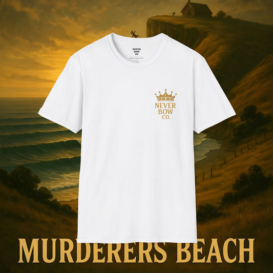 Never Bow Co. “Murderers Beach” Graphic Tee | Lightweight cotton tee honouring Murderers Beach — a symbol of defiance and spirit. Built for rebels and seekers of truth, it carries NZ legend in every thread.