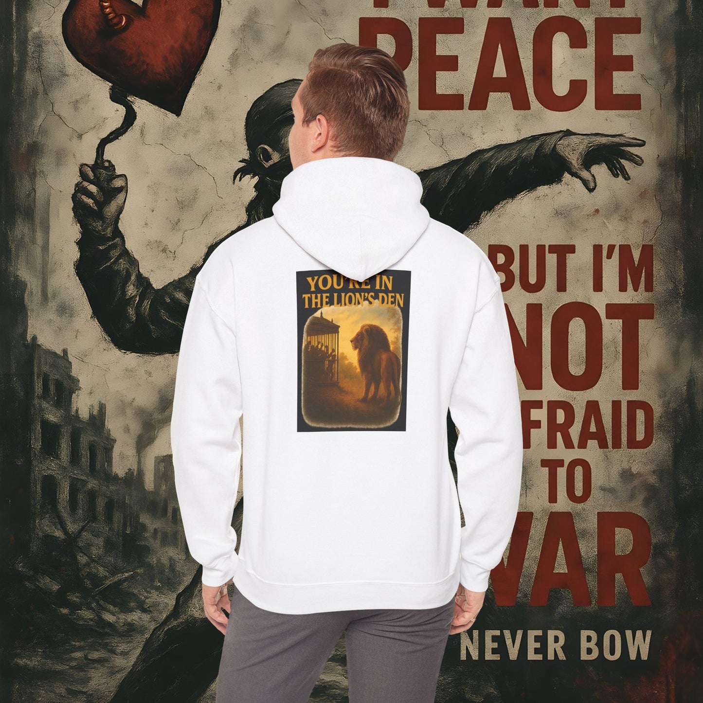Never Bow Co “You’re in the Lion’s Den” Hoodie | Step into the Lion’s Den — where truth hunts lies. This hoodie isn’t fashion, it’s armour for rebels, warriors, and seekers who fight with courage, fire, and defiance.