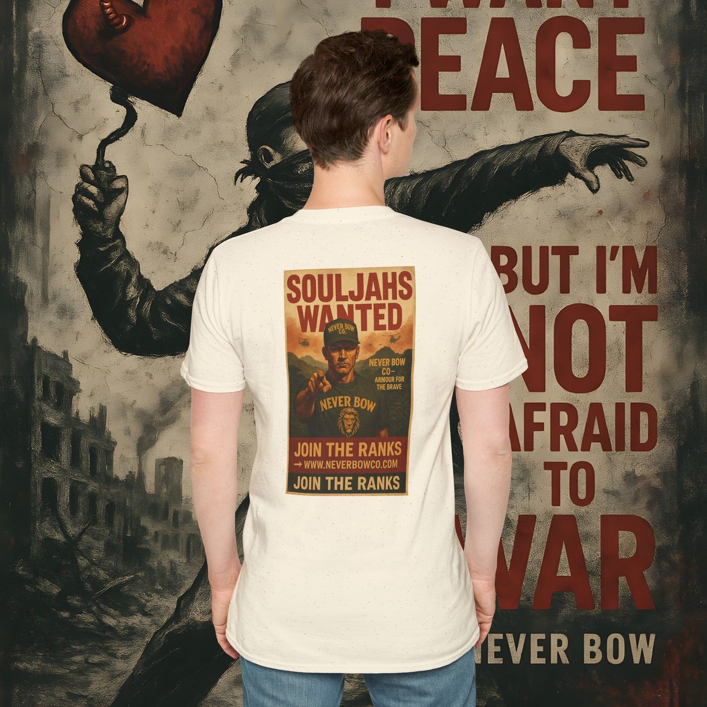 Never Bow Co. “SoulJahs Wanted” Tee | SoulJahs, Divine Souls — this is your calling. Armour for rebels who refuse chains. Vintage war-poster design, lion crest strength, built to outlast empires. Join the ranks. Never Bow.