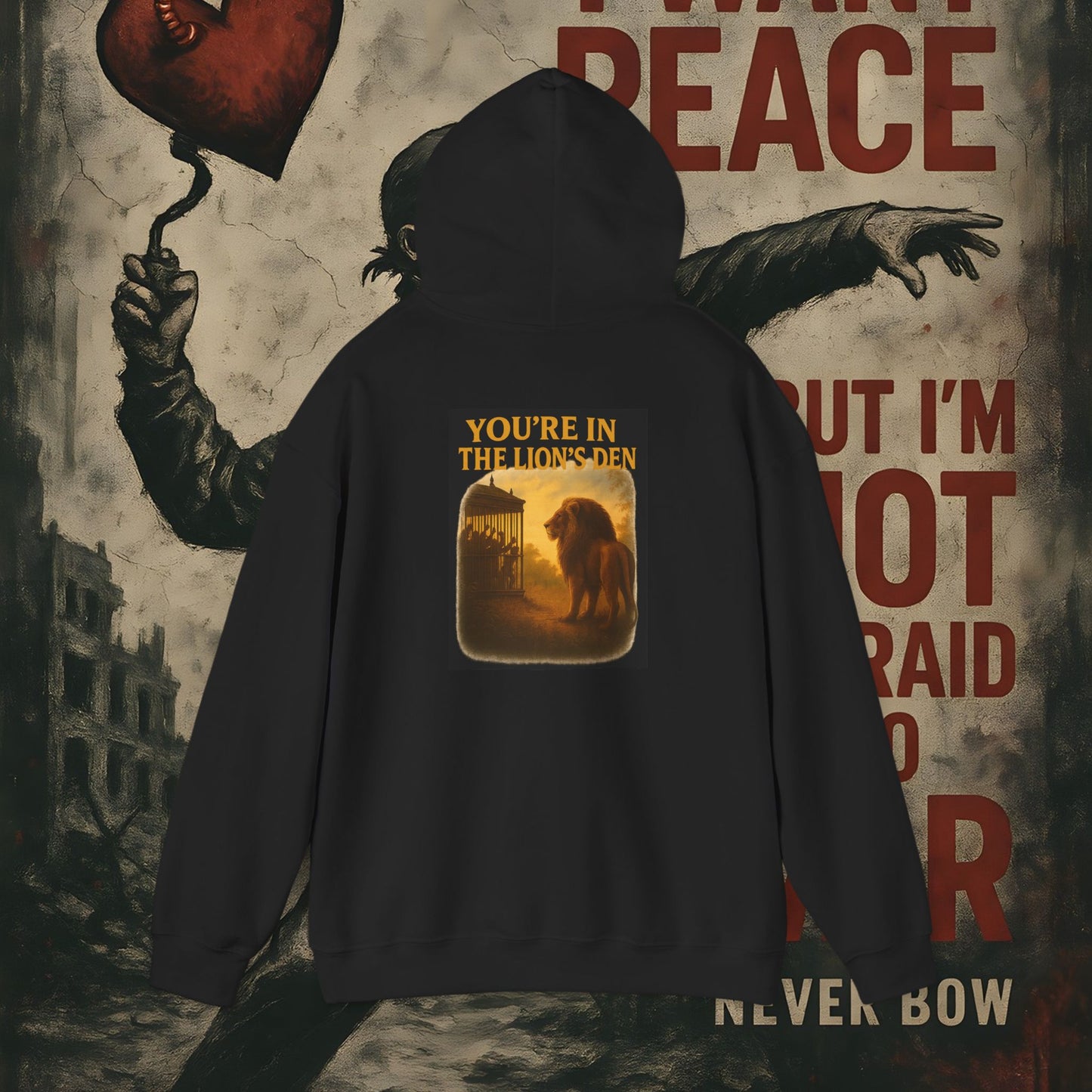 Never Bow Co “You’re in the Lion’s Den” Hoodie | Step into the Lion’s Den — where truth hunts lies. This hoodie isn’t fashion, it’s armour for rebels, warriors, and seekers who fight with courage, fire, and defiance.