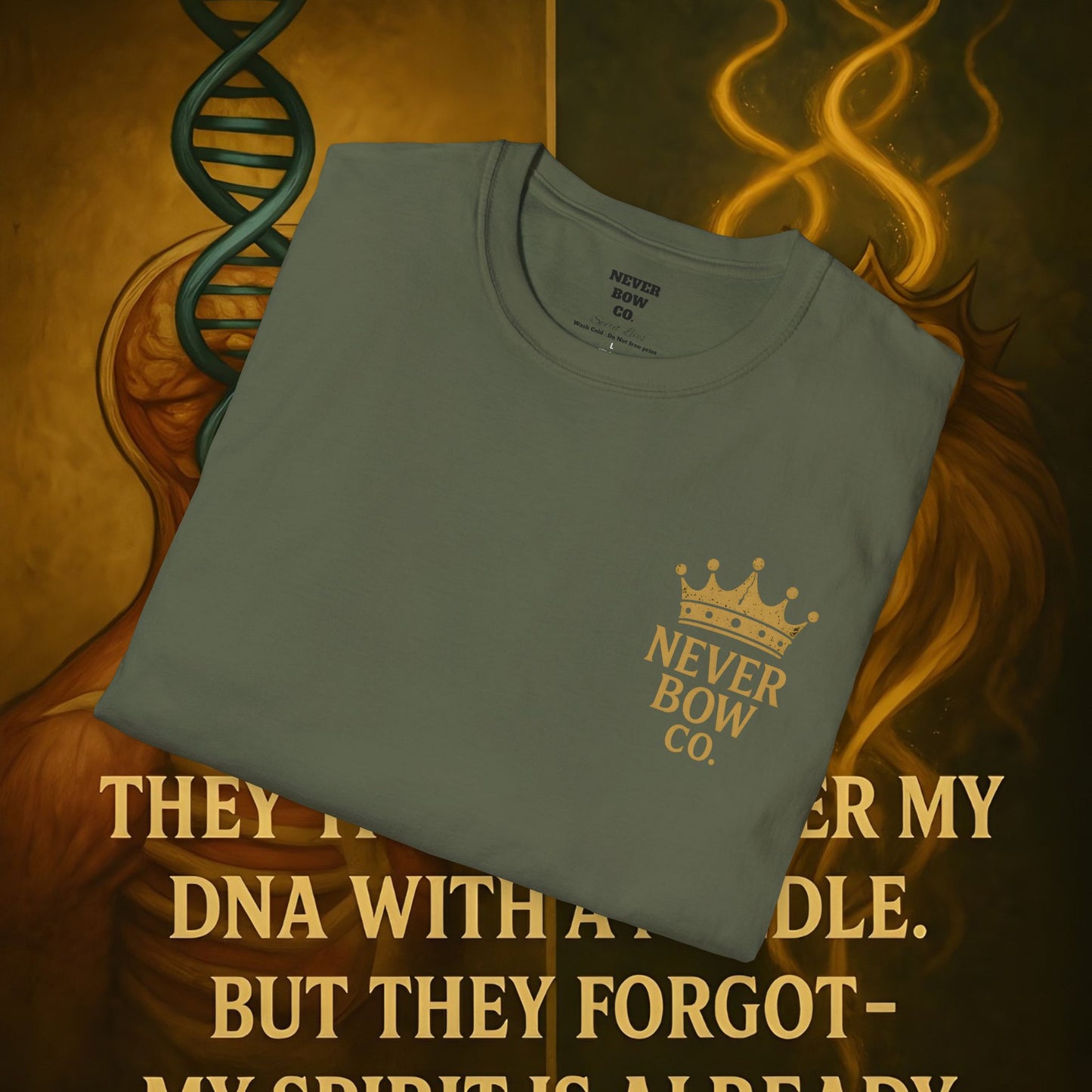 Never Bow Co “Divine Still Lives” | Bold Truth Streetwear. A fearless declaration: “Divine still lives in those who don’t submit.” Heavy cotton, lion-strength style. Built for warriors who resist control and wear their defiance as truth on the streets.