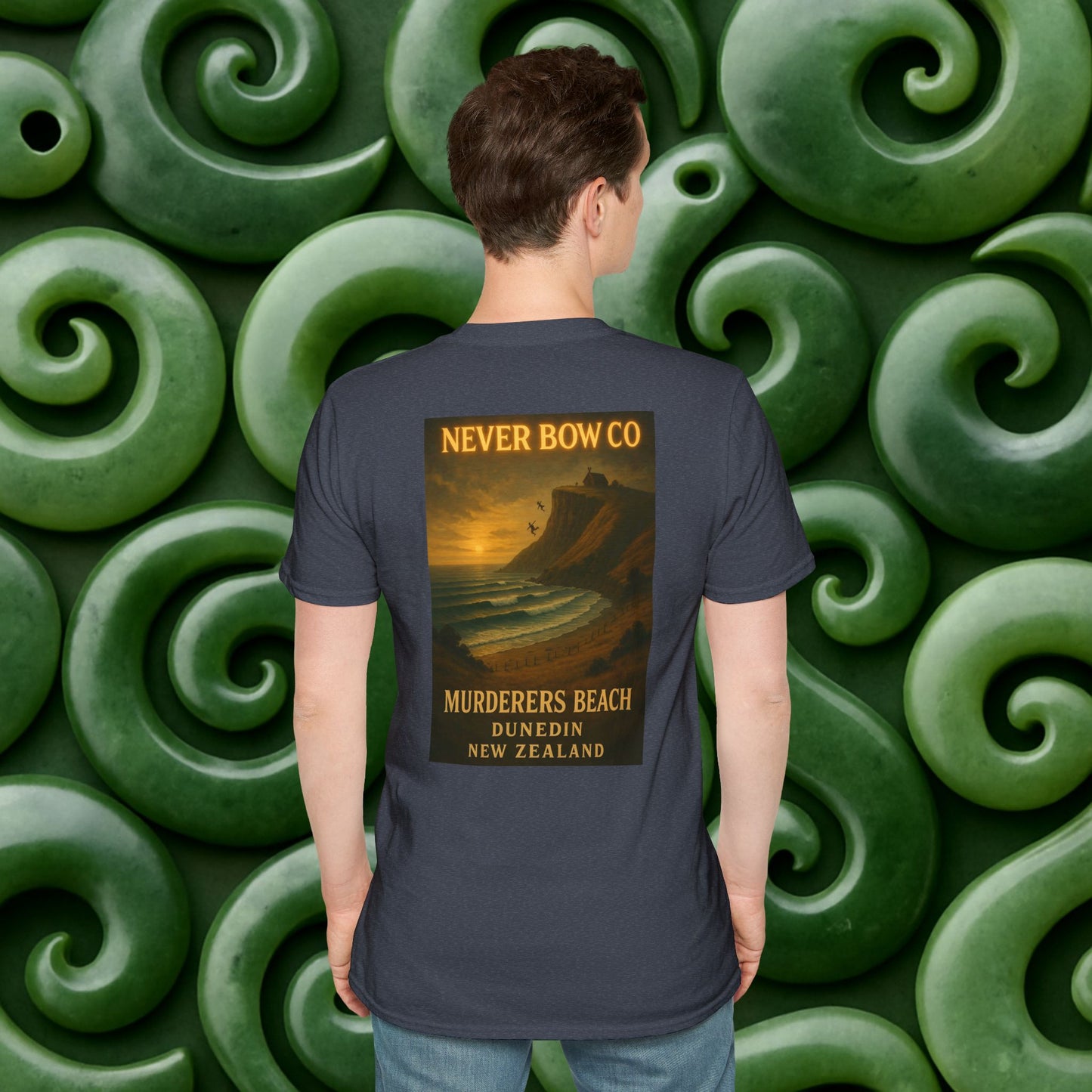 Never Bow Co. “Murderers Beach” Graphic Tee | Lightweight cotton tee honouring Murderers Beach — a symbol of defiance and spirit. Built for rebels and seekers of truth, it carries NZ legend in every thread.
