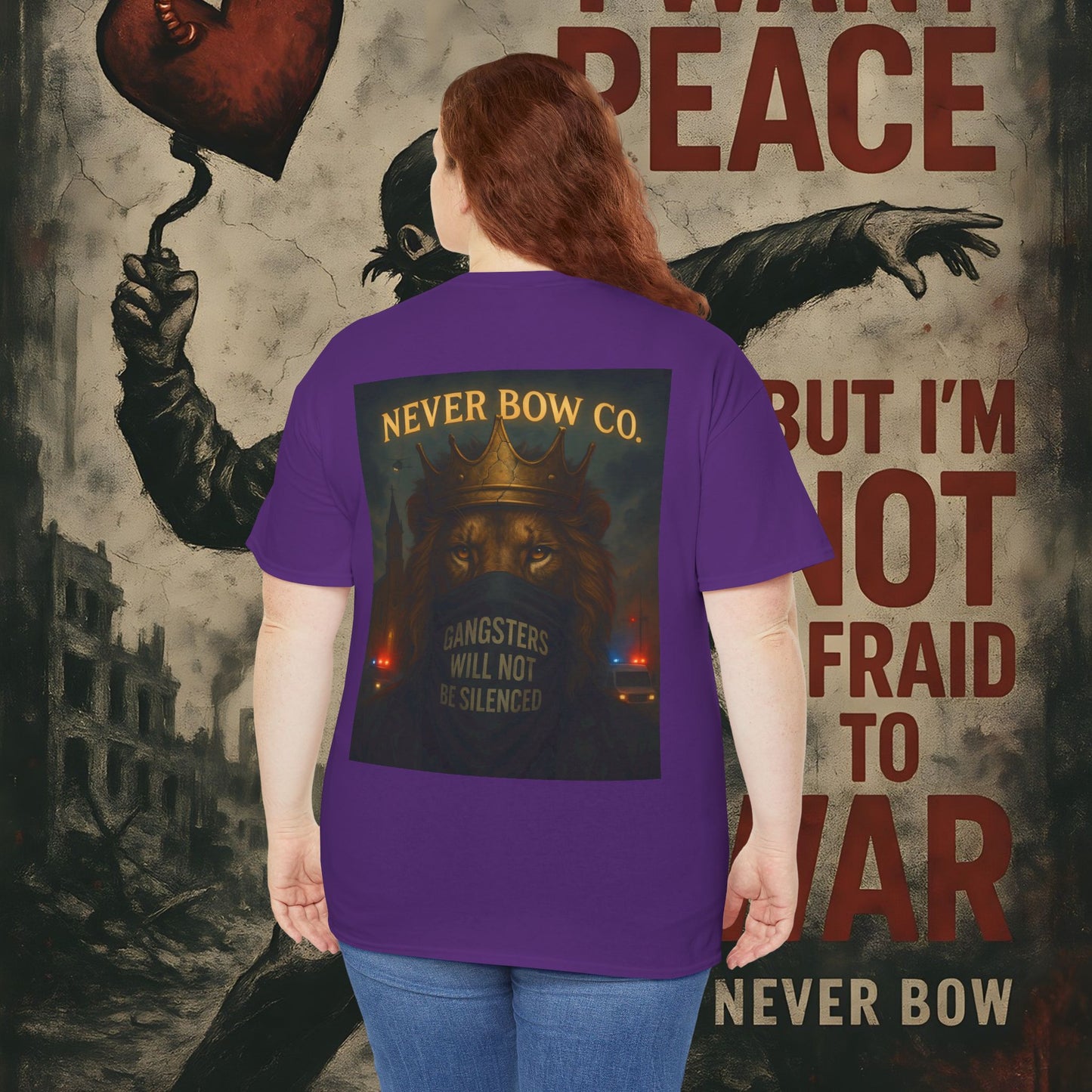 (Heavy Tee) Never Bow Co “Justice Will Be Heard” | Justice has a voice, and it roars from your back. Heavy cotton, bold print — a rebel’s declaration that truth echoes louder than lies. Wear it. Make them listen.