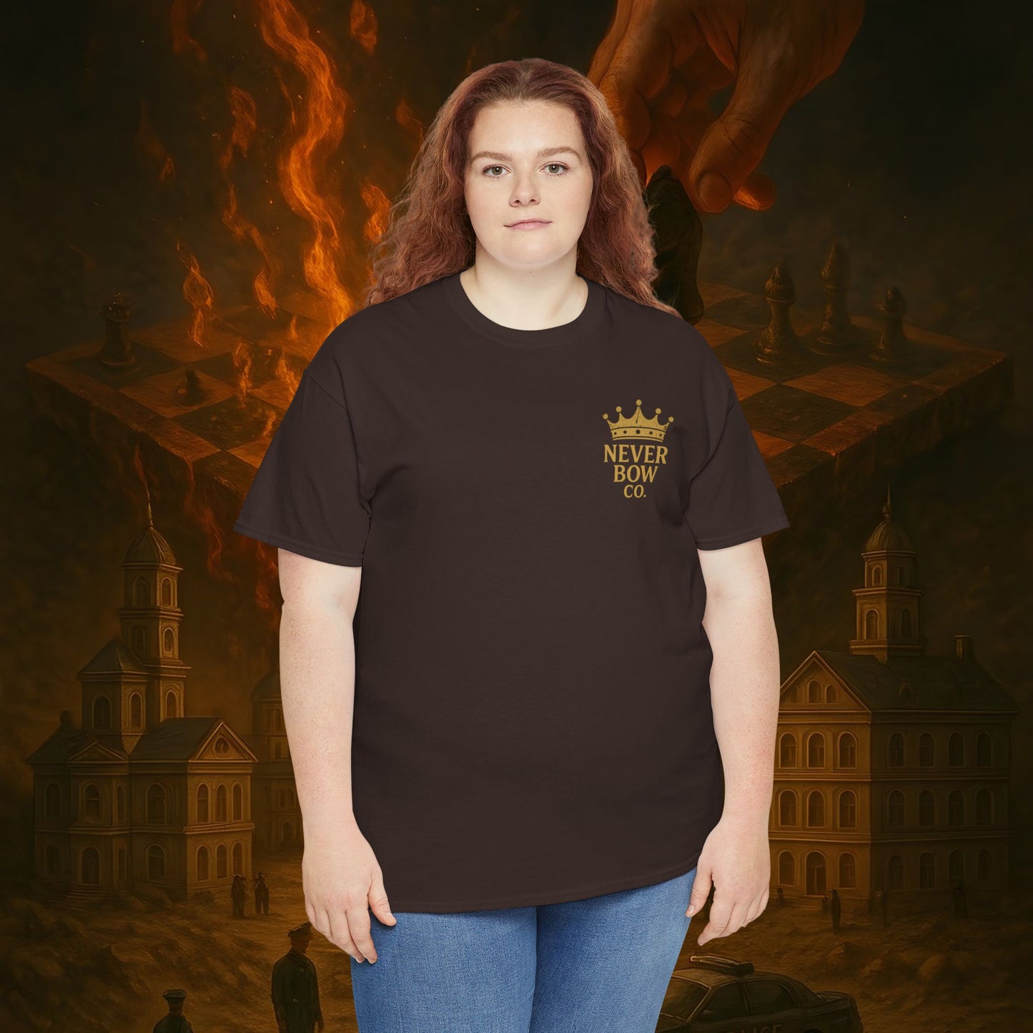 (Heavy Tee) Never Bow Co. Chess Series Tee – “The Game Is Over” | Statement tee featuring the iconic chessboard design — a symbol of battles fought and finished. Built for warriors who refuse to bow, it declares checkmate to the system with style.