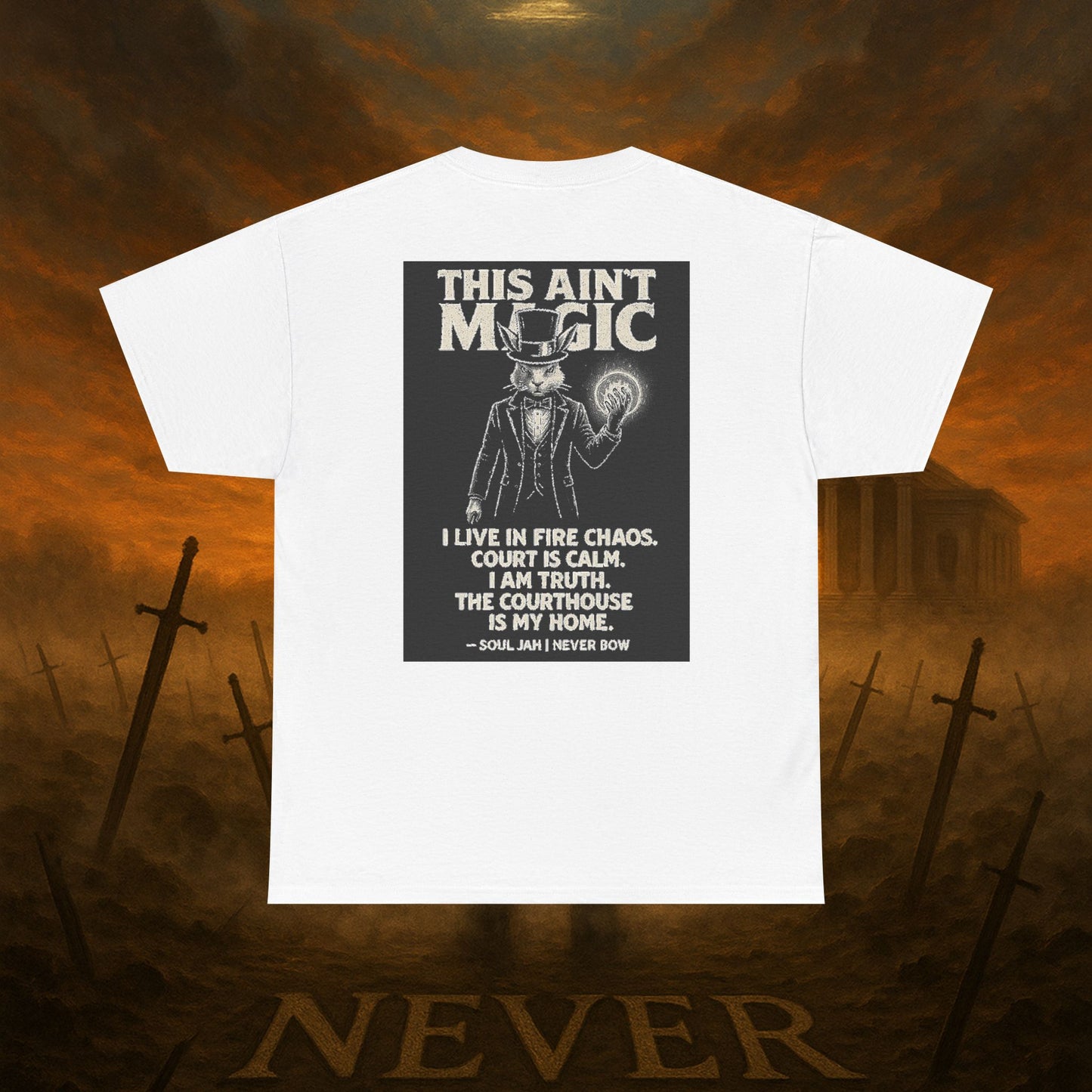 (Heavy Tee) This Ain’t Magic Tee | Chaos is loud. Court is calm. “This Ain’t Magic” lays it bare: truth stands taller than illusions. Heavy cotton built for warriors who carry fire inside but never bow.