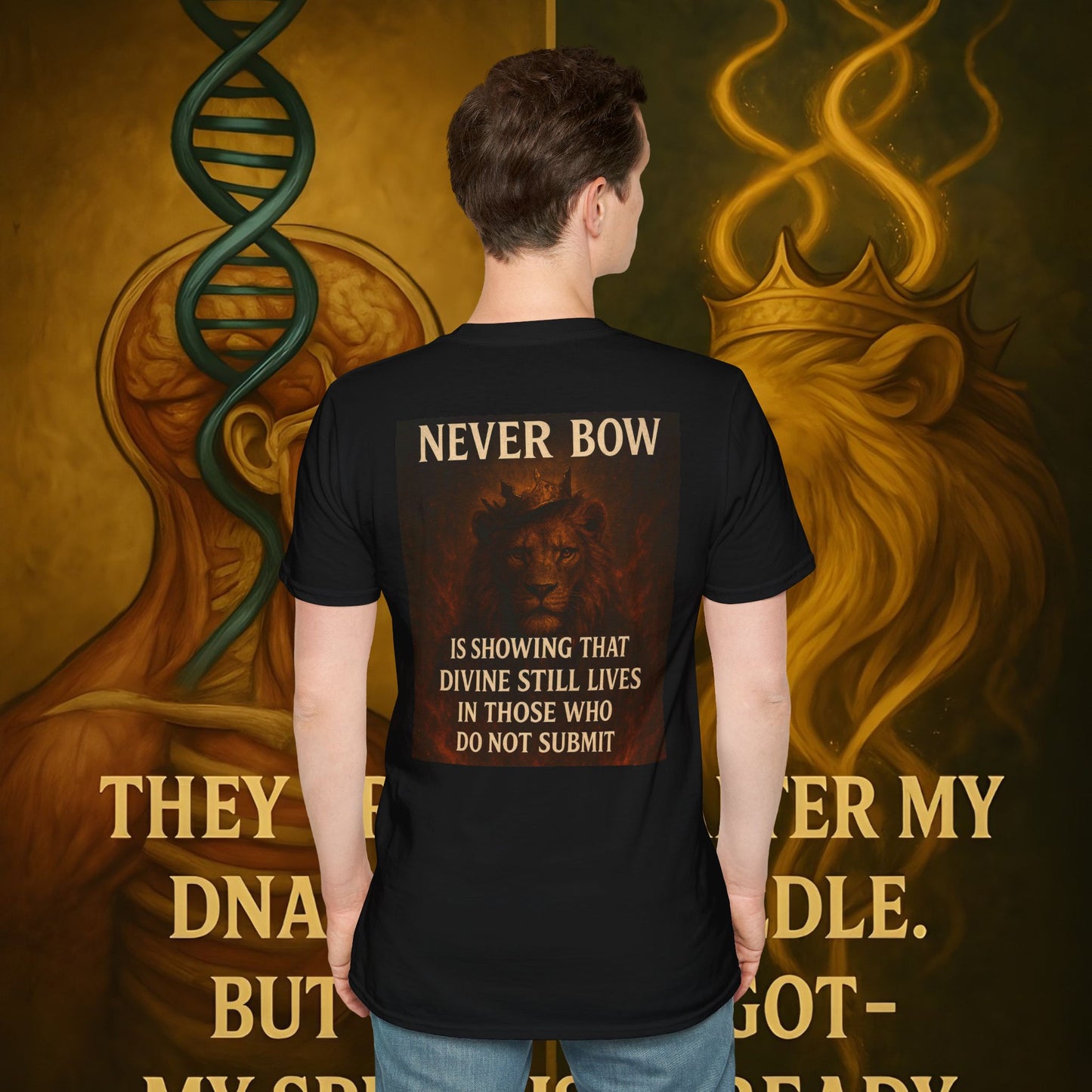 Never Bow Co “Divine Still Lives” | Bold Truth Streetwear. A fearless declaration: “Divine still lives in those who don’t submit.” Heavy cotton, lion-strength style. Built for warriors who resist control and wear their defiance as truth on the streets.