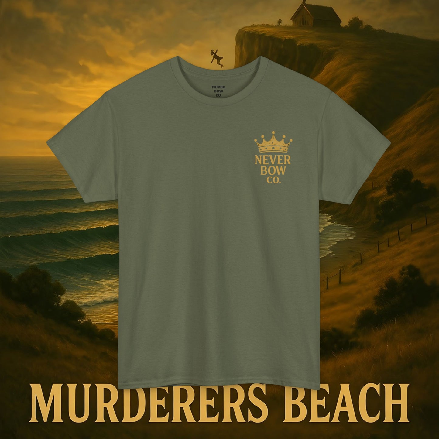 (Heavy Tee) Never Bow Co. “Murderers Beach” | Tribute to New Zealand’s Murderers Beach — a place of history, spirit, and defiance. Heavy cotton tee built for rebels, truth seekers, and ocean warriors. Wear the legend. Never Bow.