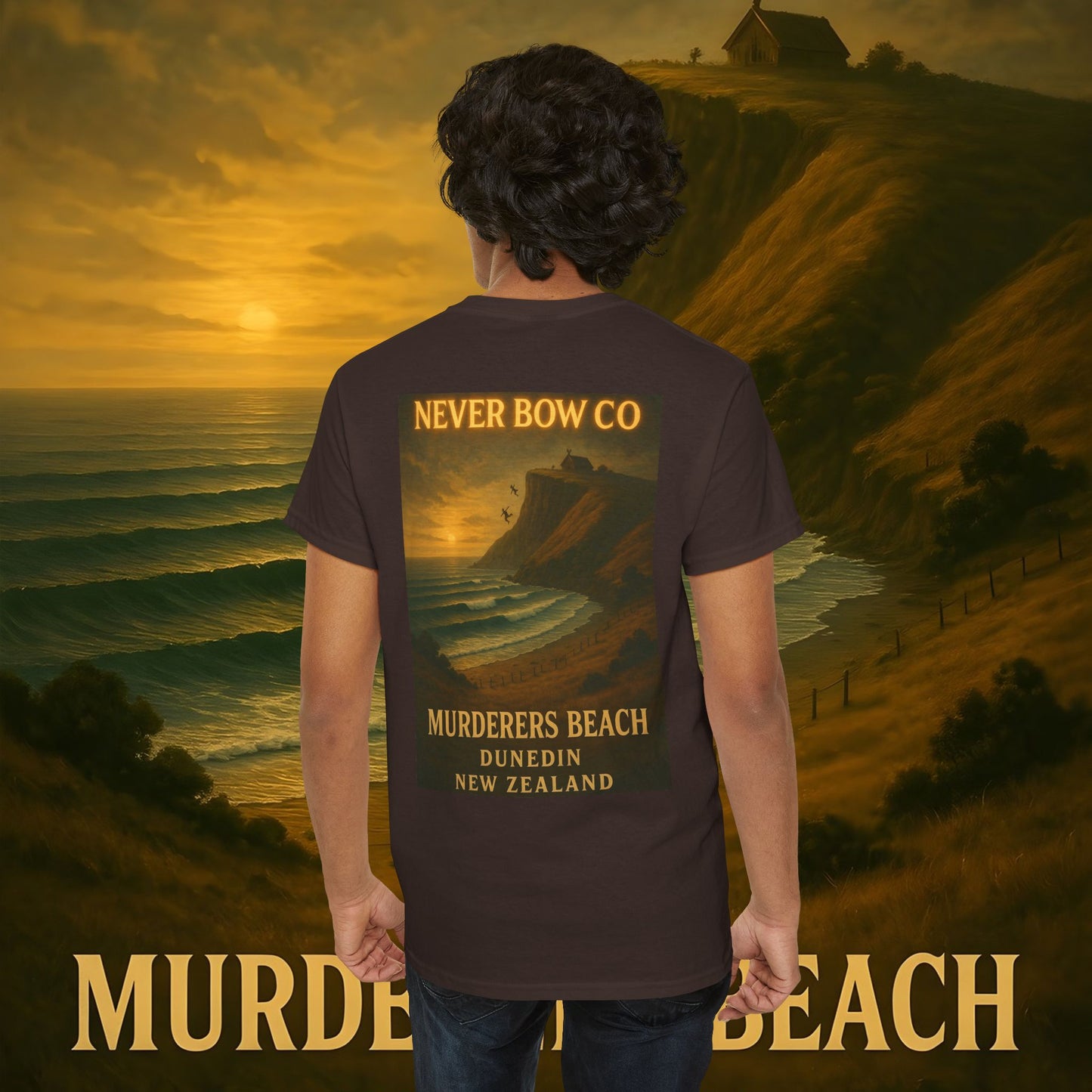(Heavy Tee) Never Bow Co. “Murderers Beach” | Tribute to New Zealand’s Murderers Beach — a place of history, spirit, and defiance. Heavy cotton tee built for rebels, truth seekers, and ocean warriors. Wear the legend. Never Bow.