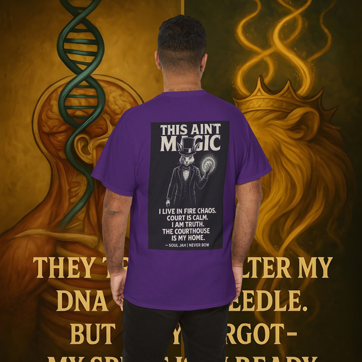 (Heavy Tee) This Ain’t Magic Tee | Chaos is loud. Court is calm. “This Ain’t Magic” lays it bare: truth stands taller than illusions. Heavy cotton built for warriors who carry fire inside but never bow.