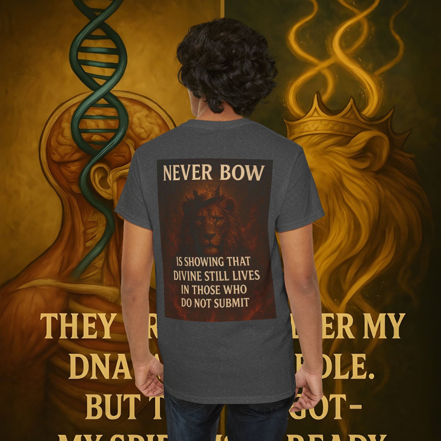 (Heavy Tee) Never Bow Co “Divine Still Lives” Statement Shirt | The Divine Still Lives "Heavy Tee" carries defiance: “Divine still lives in those who don’t submit.” A unisex cut for warriors, rebels, and truth seekers.