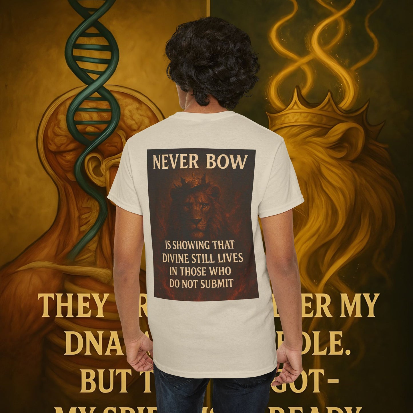 (Heavy Tee) Never Bow Co “Divine Still Lives” Statement Shirt | The Divine Still Lives "Heavy Tee" carries defiance: “Divine still lives in those who don’t submit.” A unisex cut for warriors, rebels, and truth seekers.