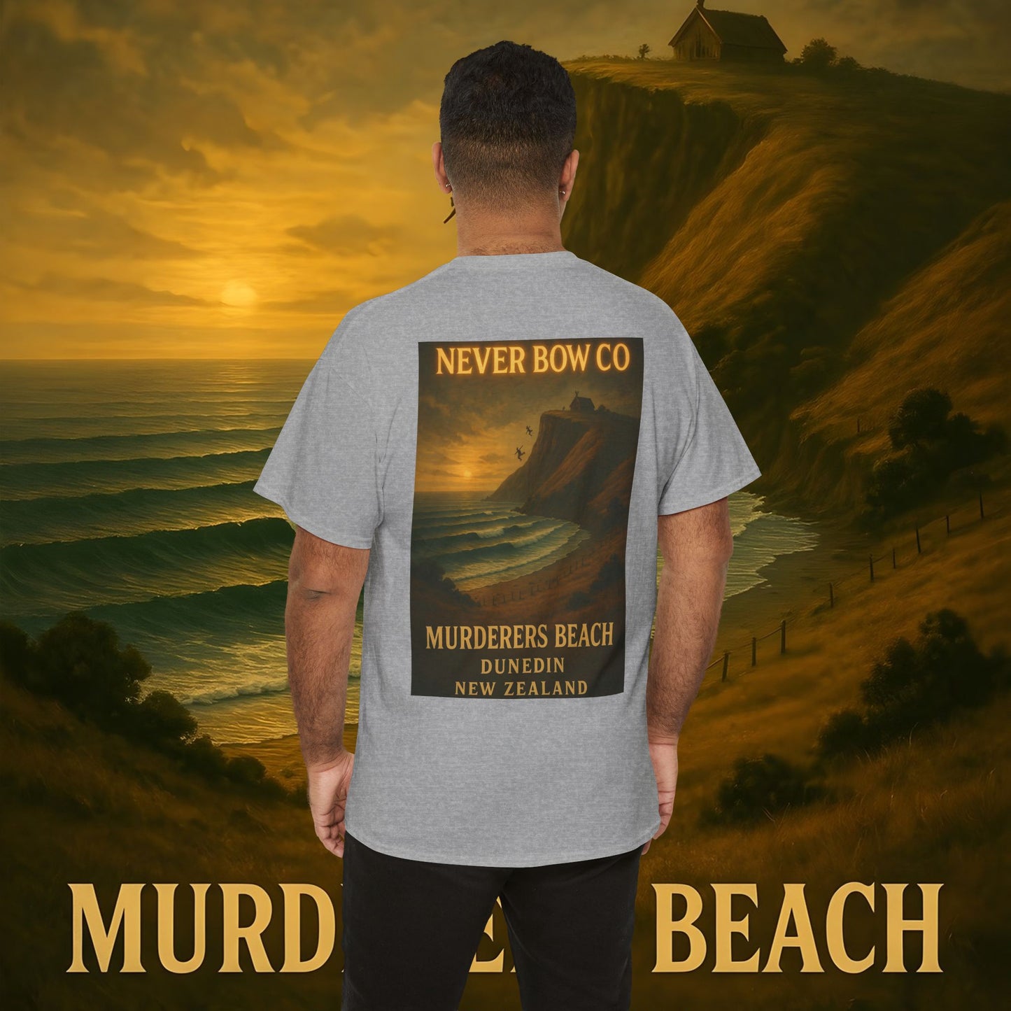 (Heavy Tee) Never Bow Co. “Murderers Beach” | Tribute to New Zealand’s Murderers Beach — a place of history, spirit, and defiance. Heavy cotton tee built for rebels, truth seekers, and ocean warriors. Wear the legend. Never Bow.
