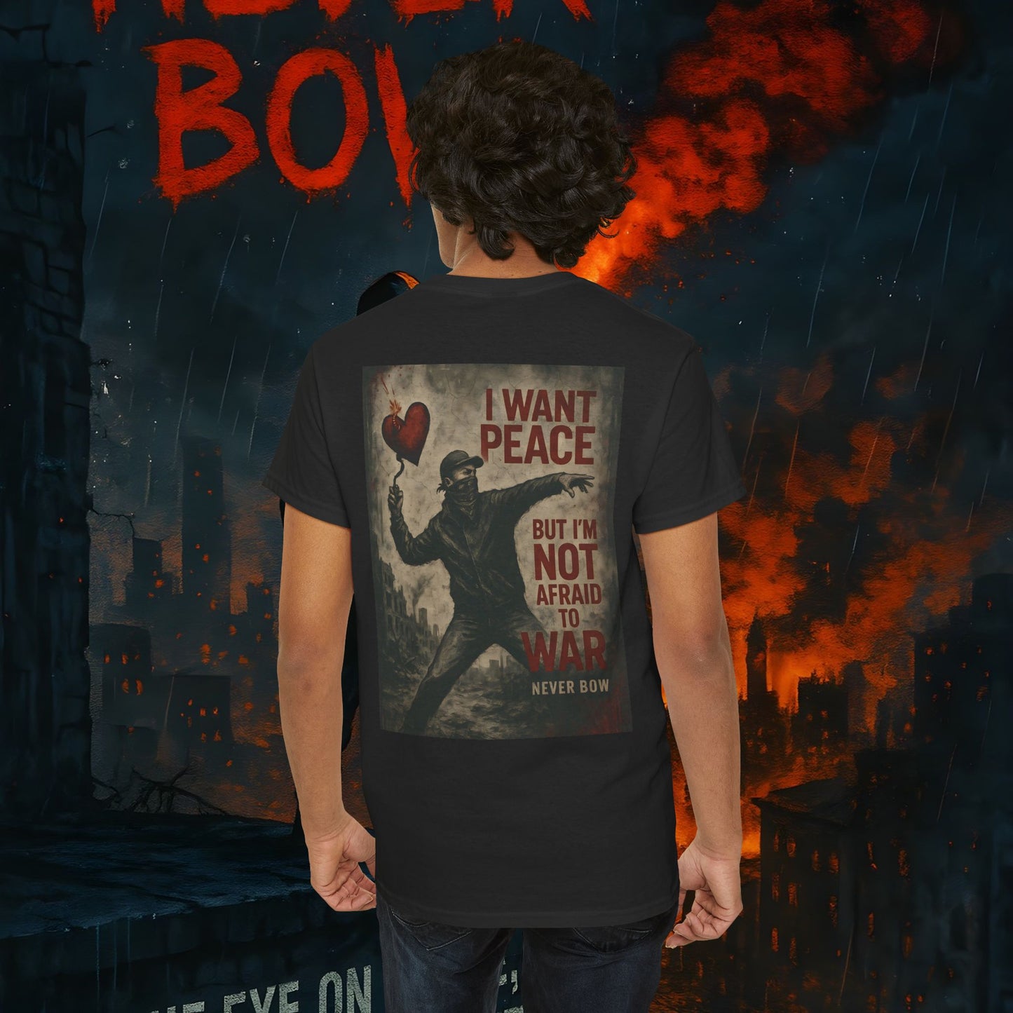 (Heavy Tee) Never Bow Co “I Want Peace, But I’m Not Afraid of War” Peace is the goal, but strength is the stance. This heavy cotton tee makes it clear: you won’t bow, fold, or run. Peaceful, fearless, and unbreakable.