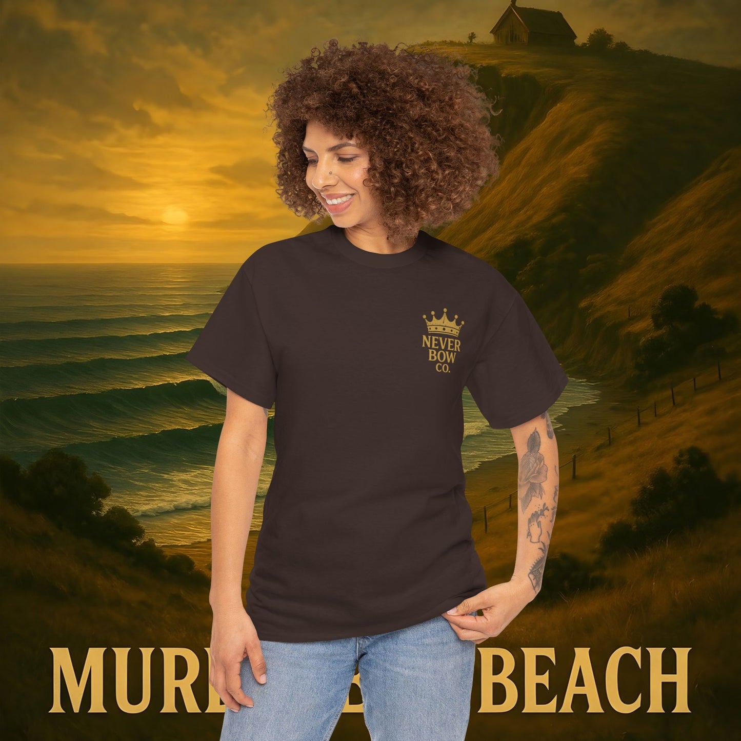 (Heavy Tee) Never Bow Co. “Murderers Beach” | Tribute to New Zealand’s Murderers Beach — a place of history, spirit, and defiance. Heavy cotton tee built for rebels, truth seekers, and ocean warriors. Wear the legend. Never Bow.