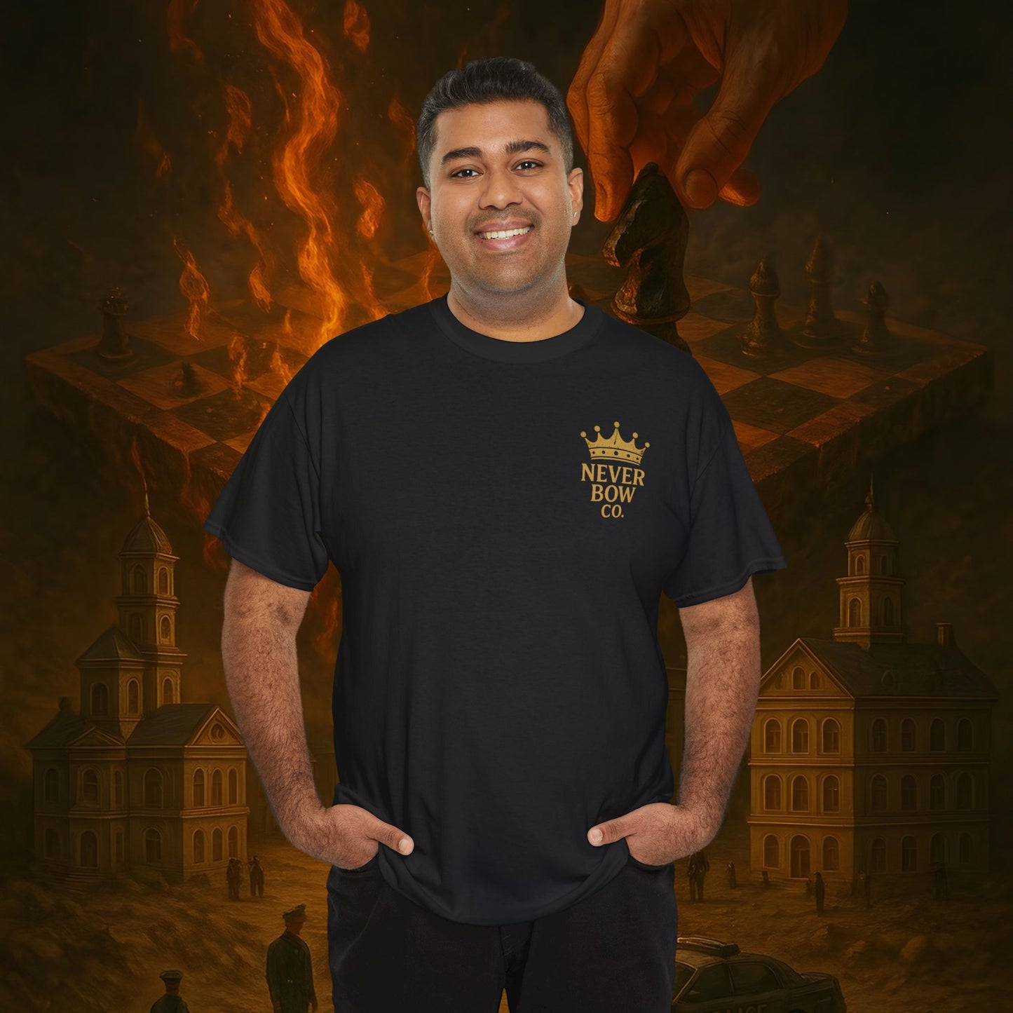 (Heavy Tee) Never Bow Co. Chess Series Tee – “The Game Is Over” | Statement tee featuring the iconic chessboard design — a symbol of battles fought and finished. Built for warriors who refuse to bow, it declares checkmate to the system with style.