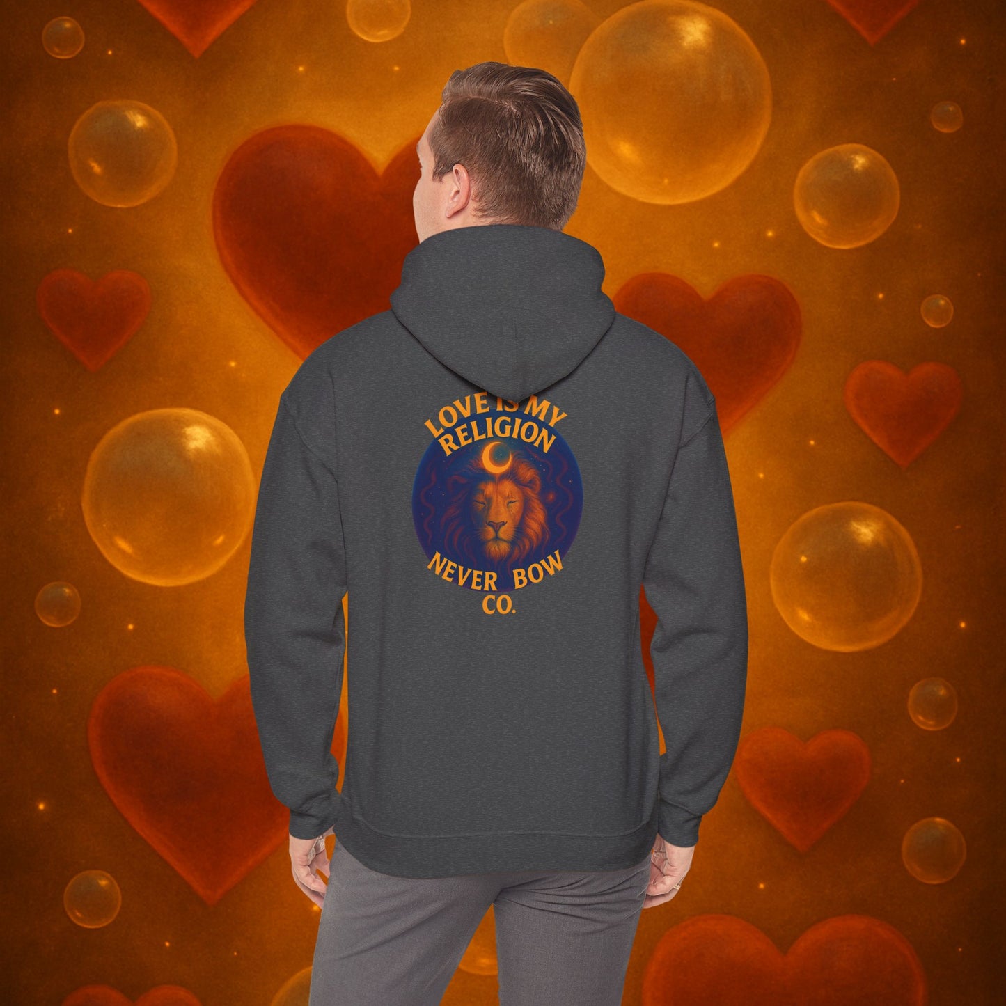 Never Bow Co. “Love Is My Religion” Lion Hoodie | A pullover for fearless souls. The crowned lion blazes with defiance: Love Is My Religion. Heavyweight comfort, cosmic strength, and unshakable streetwear for rebels who refuse to bow.