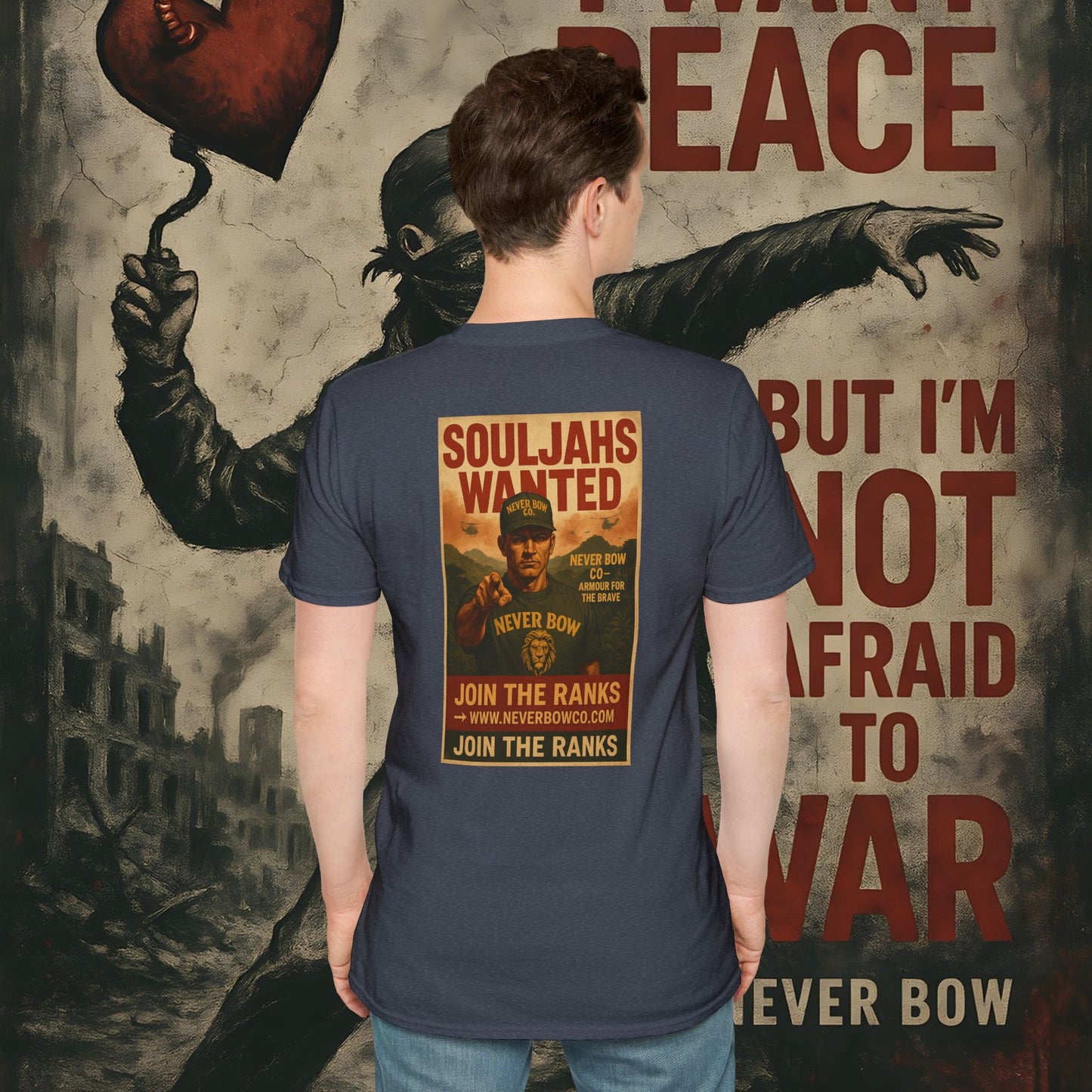 Never Bow Co. “SoulJahs Wanted” Tee | SoulJahs, Divine Souls — this is your calling. Armour for rebels who refuse chains. Vintage war-poster design, lion crest strength, built to outlast empires. Join the ranks. Never Bow.