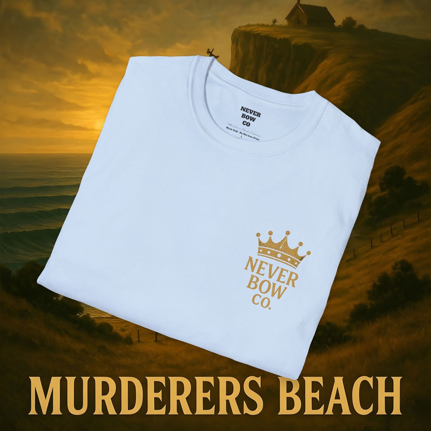 Never Bow Co. “Murderers Beach” Graphic Tee | Lightweight cotton tee honouring Murderers Beach — a symbol of defiance and spirit. Built for rebels and seekers of truth, it carries NZ legend in every thread.