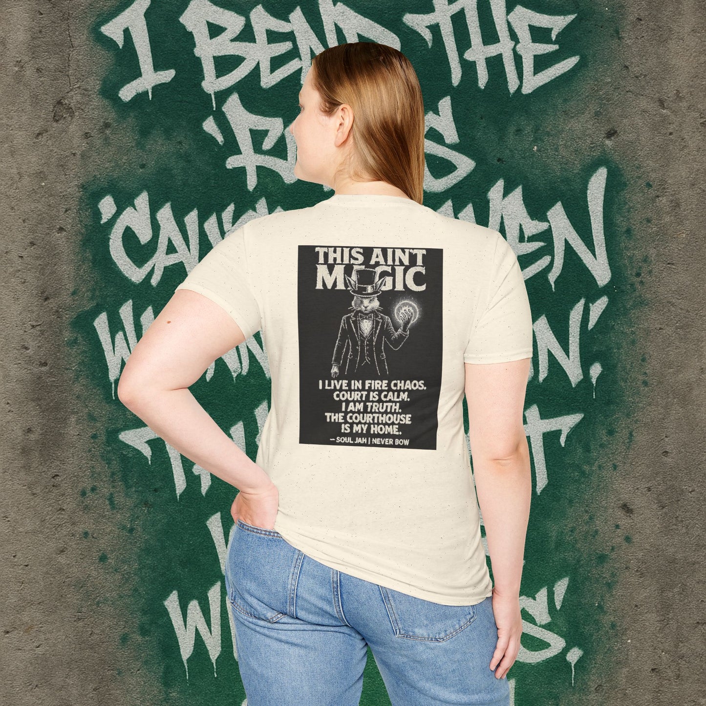 This Ain’t Magic Tee | Never Bow Co | Stand fearless in chaos. “This Ain’t Magic” is more than fabric — it’s truth in motion. Heavy cotton built for courtroom warriors, rebels, and believers who carry calm inside fire.