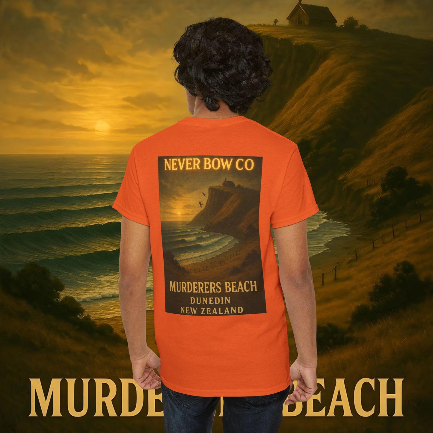 (Heavy Tee) Never Bow Co. “Murderers Beach” | Tribute to New Zealand’s Murderers Beach — a place of history, spirit, and defiance. Heavy cotton tee built for rebels, truth seekers, and ocean warriors. Wear the legend. Never Bow.