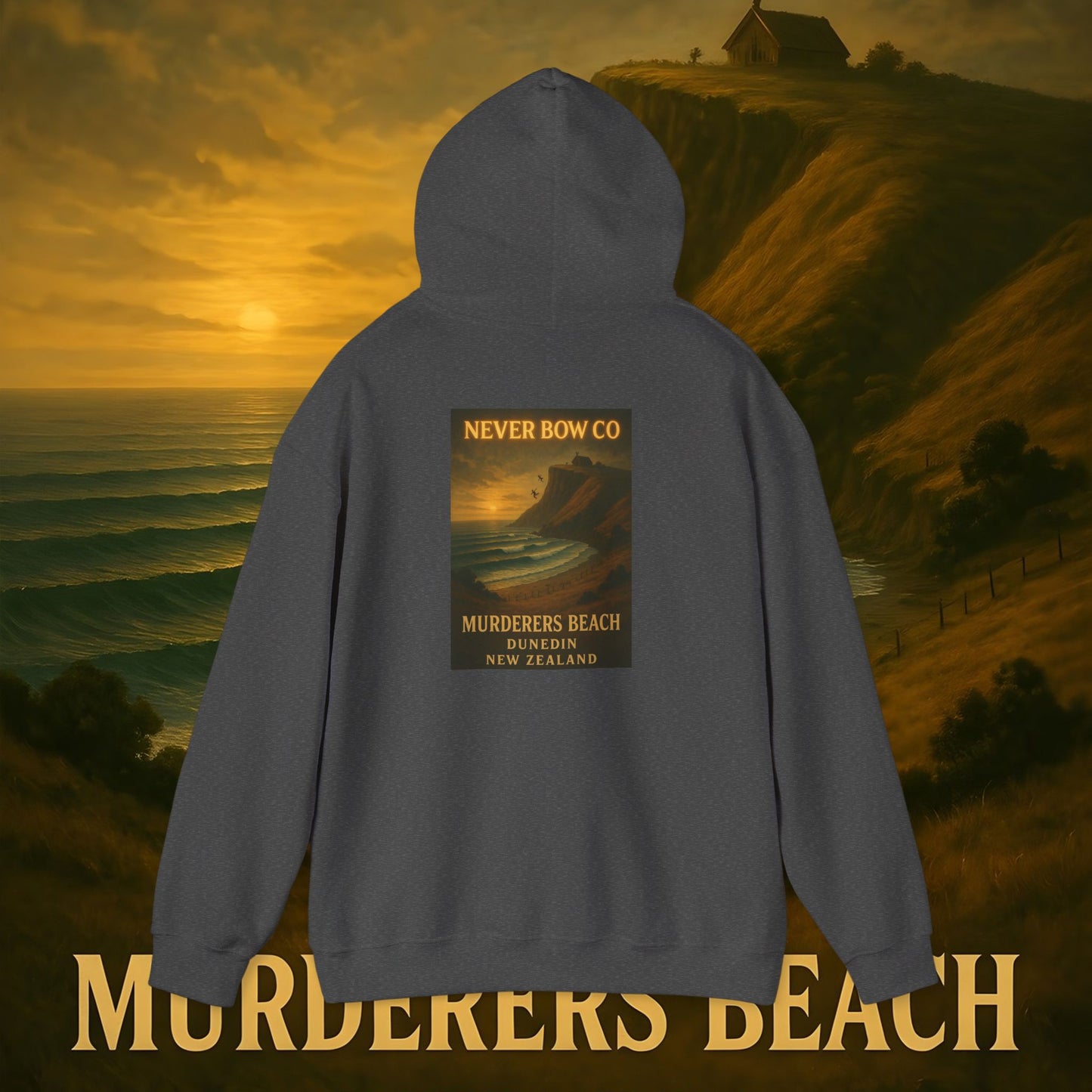 Never Bow Co. “Murderers Beach” | A tribute to Murderers Beach, where spirit outlives time. Heavy hoodie crafted for rebels, adventurers, and truth seekers. Cozy strength, bold art, and ocean legend woven into every stitch. Never Bow.