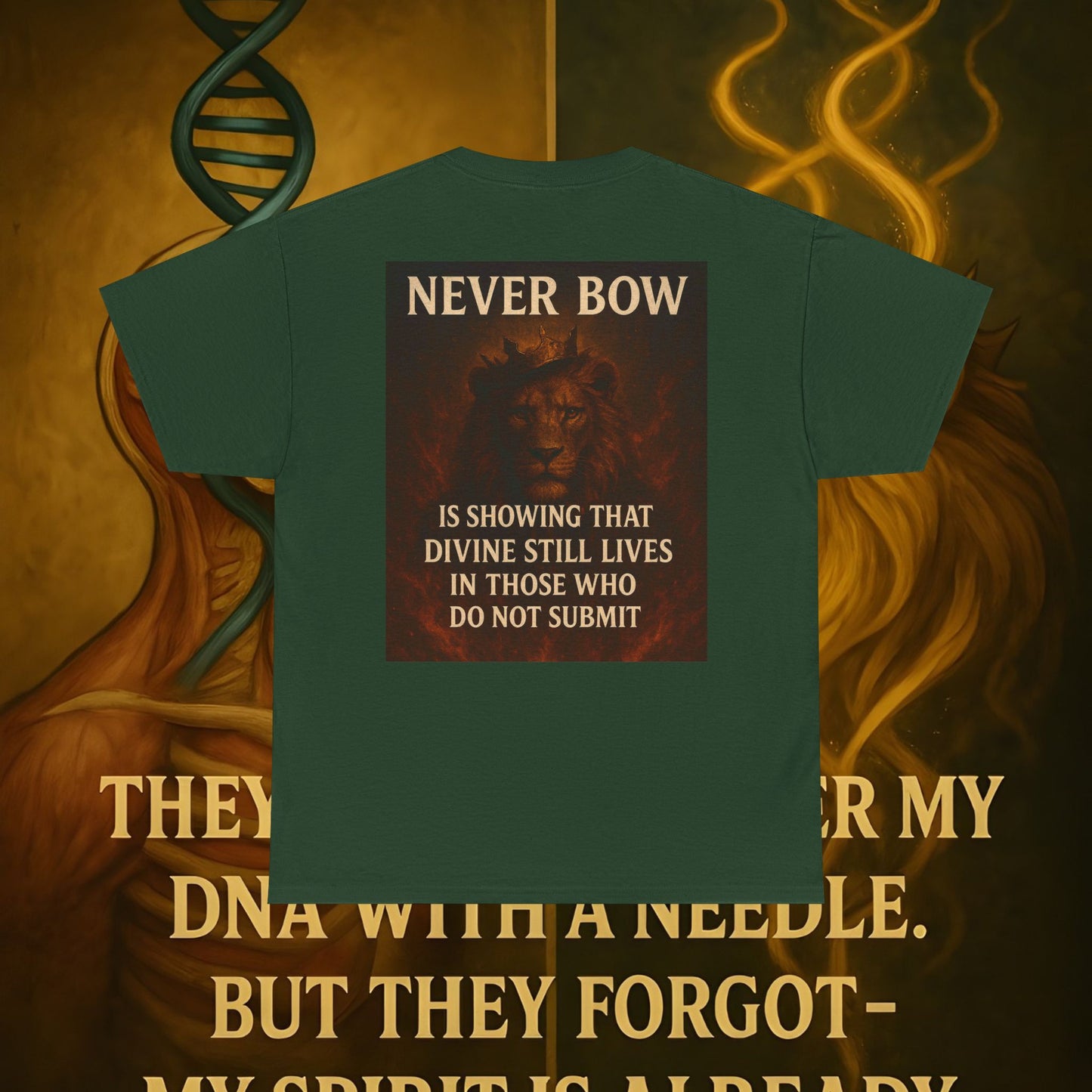 (Heavy Tee) Never Bow Co “Divine Still Lives” Statement Shirt | The Divine Still Lives "Heavy Tee" carries defiance: “Divine still lives in those who don’t submit.” A unisex cut for warriors, rebels, and truth seekers.