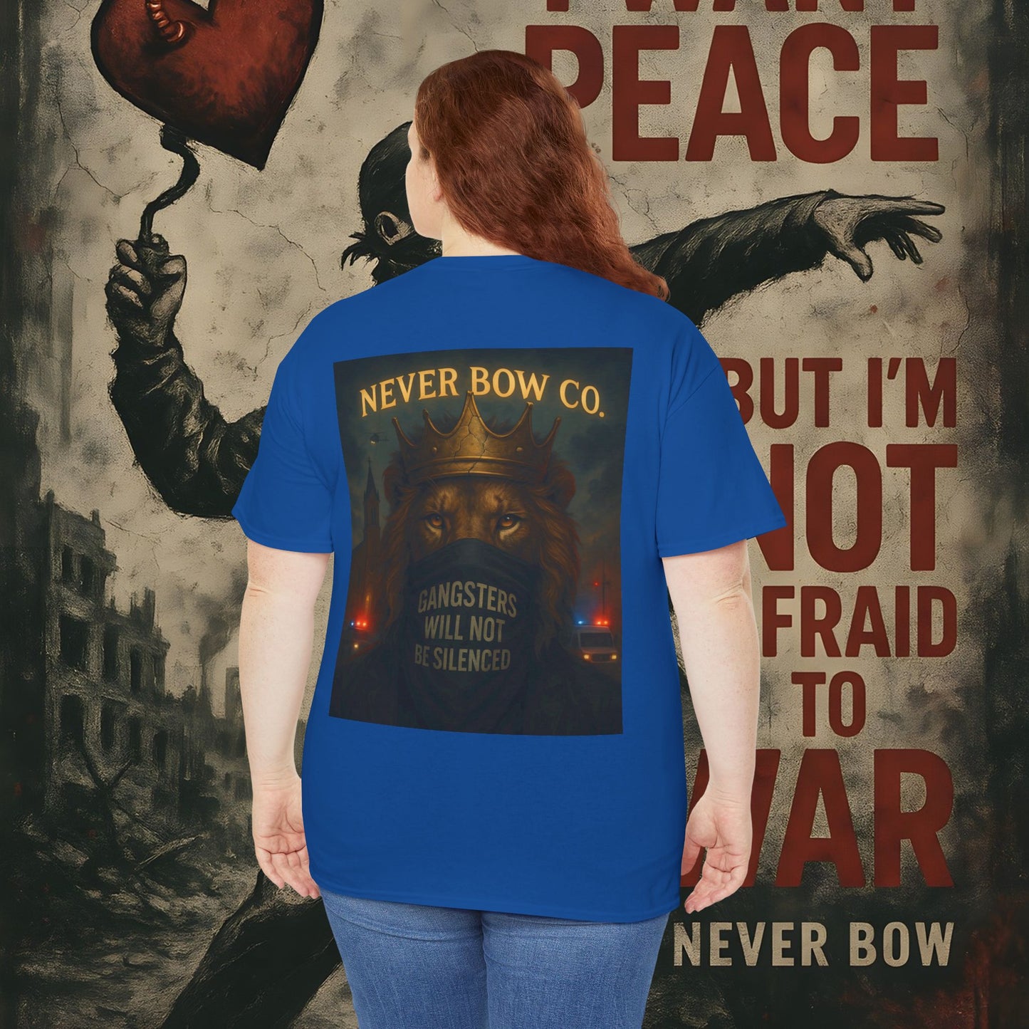 (Heavy Tee) Never Bow Co “Justice Will Be Heard” | Justice has a voice, and it roars from your back. Heavy cotton, bold print — a rebel’s declaration that truth echoes louder than lies. Wear it. Make them listen.