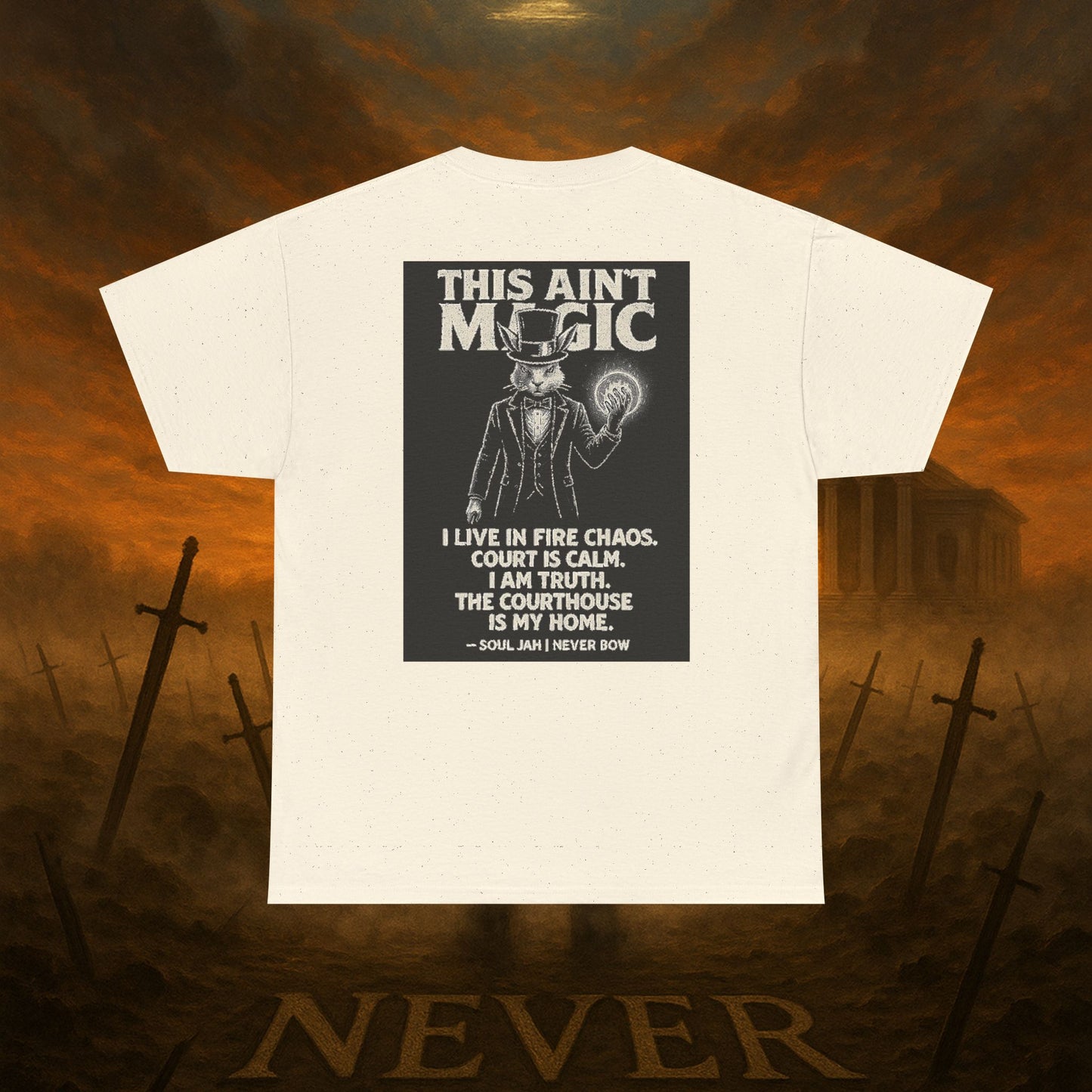 (Heavy Tee) This Ain’t Magic Tee | Chaos is loud. Court is calm. “This Ain’t Magic” lays it bare: truth stands taller than illusions. Heavy cotton built for warriors who carry fire inside but never bow.
