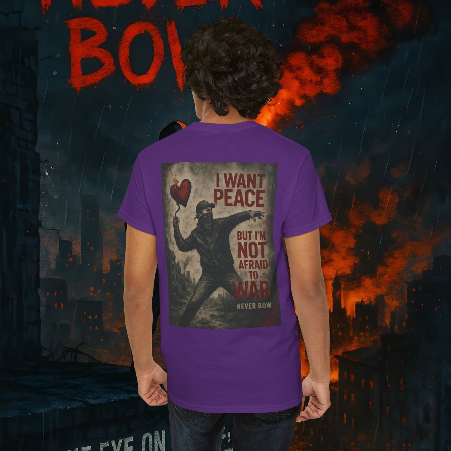 (Heavy Tee) Never Bow Co “I Want Peace, But I’m Not Afraid of War” Peace is the goal, but strength is the stance. This heavy cotton tee makes it clear: you won’t bow, fold, or run. Peaceful, fearless, and unbreakable.